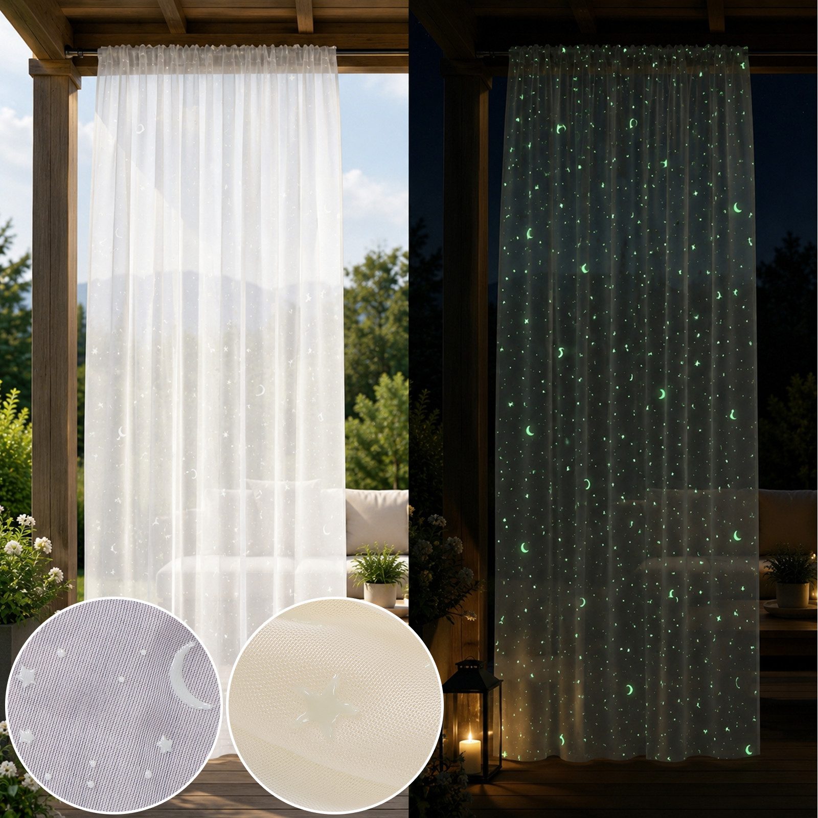 Rosnek Gardine Kinderzimmer Gardinen mit leuchtenden Sternen & Mond, Voile 2er-Set (2 St), Stangendurchzug, transparent, Polyester, 90 g/m² Voile mit Stangendurchzug für Schlaf-, Spiel- & Babyzimmer