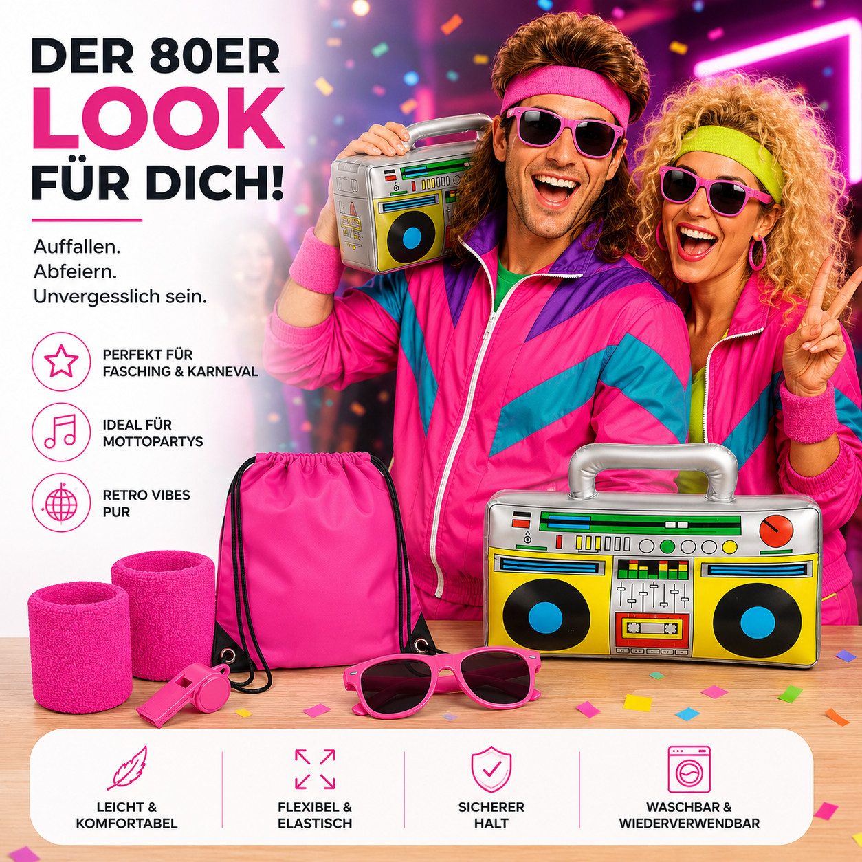 Kostümheld® Kostüm Retro Set 5 in 1 - 80er 90er Kostüm Accessoires Fasching Karneval