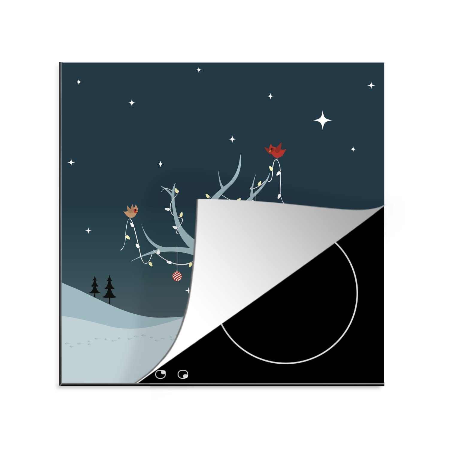 MuchoWow Herdblende-/Abdeckplatte Illustration von zwei Pinguinen beim Schmücken eines Weihnachtsbaums, Vinyl, (1 tlg), 78x78 cm, Ceranfeldabdeckung, Arbeitsplatte für küche