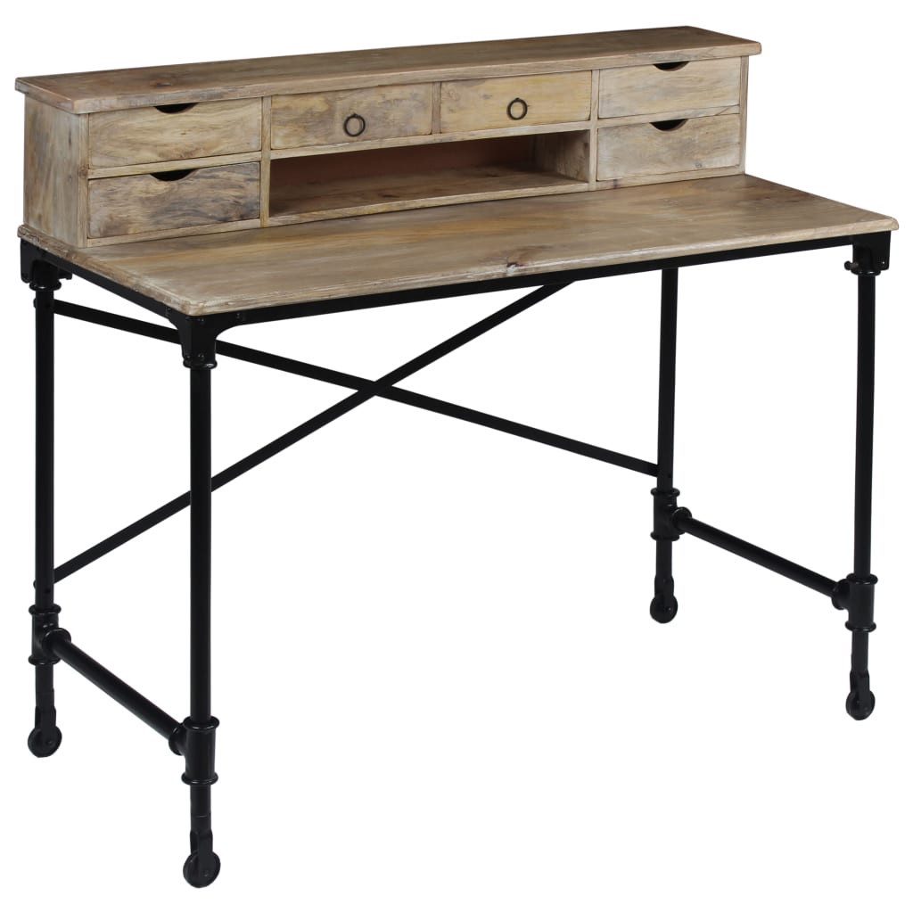 furnicato Schreibtisch aus Vollholz 110 x 50 x 96 cm im Vintage-Stil (1-St), Sekretär mit 6 Schubladen, Stahlrahmen und viel Stauraum für Zuhause
