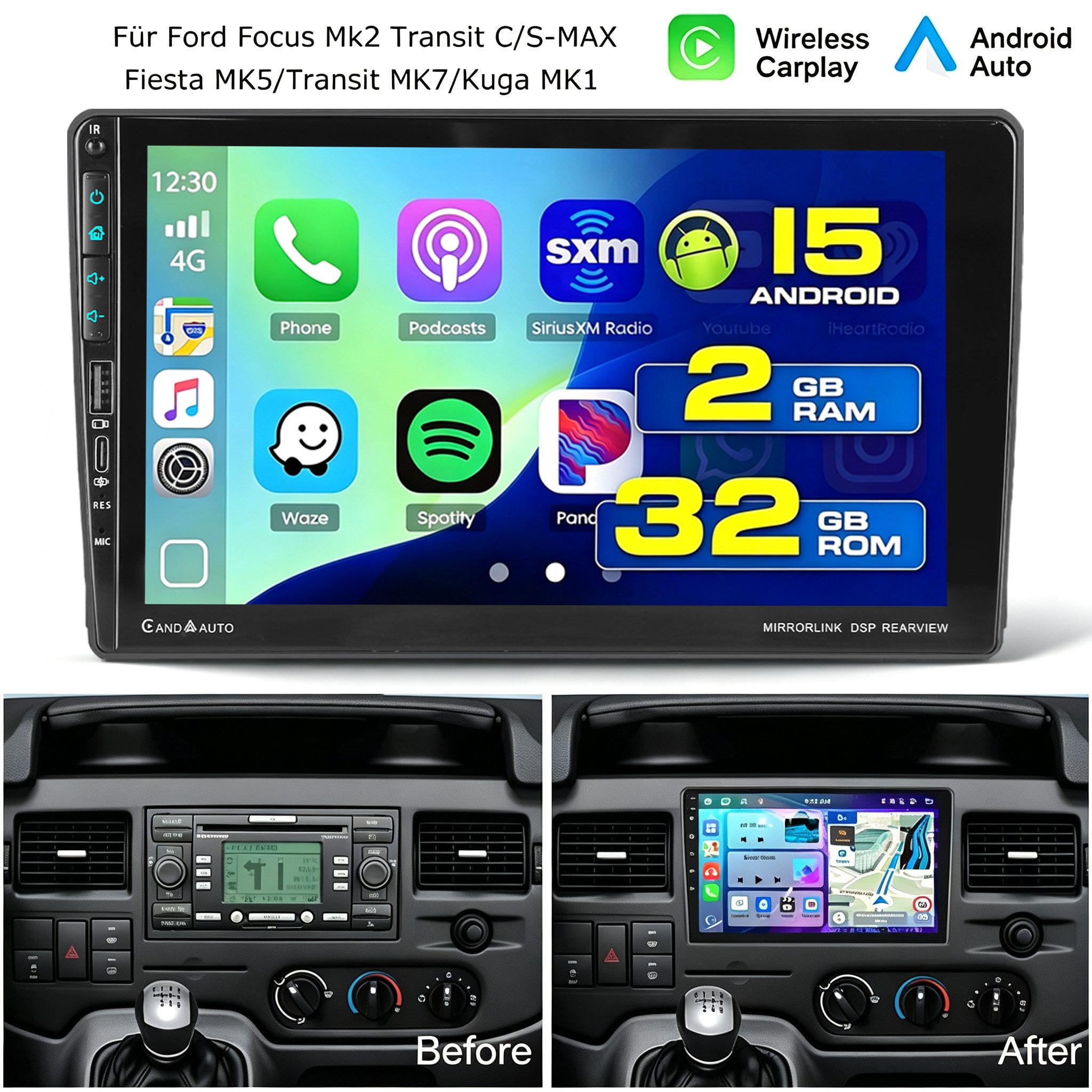 ESSGOO DAB+ Android 15 Autoradio Für Ford S-Max/Fiesta/Focus Carplay Mit USB Navigationsgerät (Carplay Android Auto Bluetooth EQ USB GPS Navi WIFI Touchscreen)