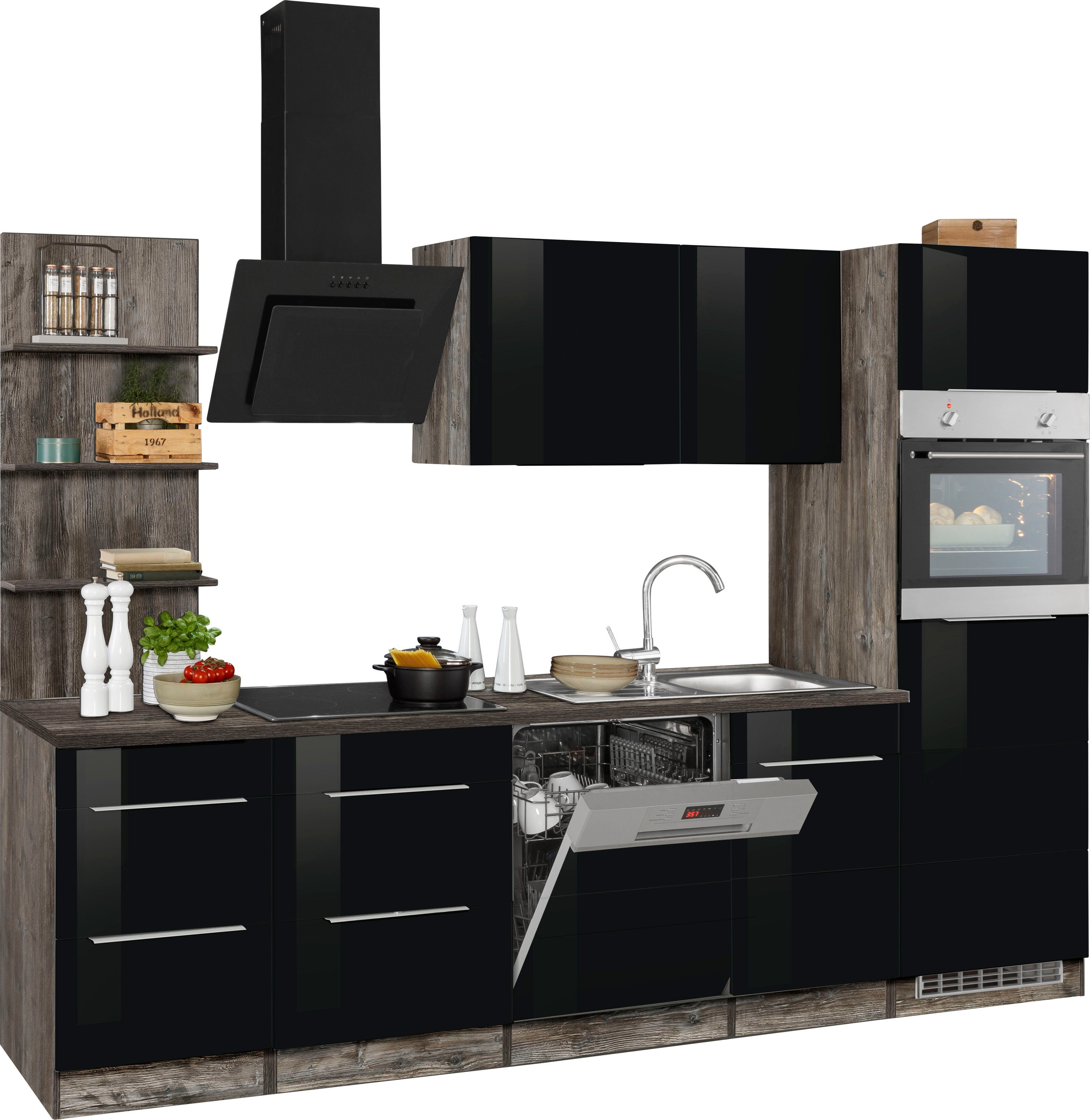 HELD MÖBEL Küchenzeile mit schwarz | 280 cm Brindisi, / eiche vintage vintage Hochglanz E-Geräten, eiche Breite
