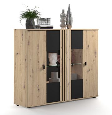 möbelando Highboard SOLEA 081 Highboard (BxHxT: 140,1x115x38 cm), in Schwarz/Dekor Lamellen Artisan Eiche mit 4 Türen und 10 Fächern