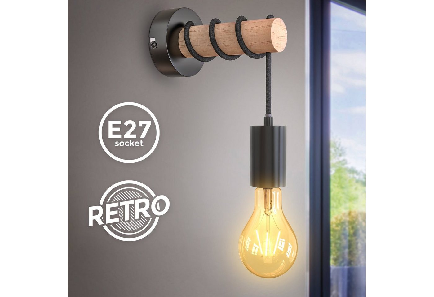 B.K.Licht Wandleuchte, Wandlampe 1 flammige Vintage Industrial Design Retro Lampe Stahl Holz Rund E27 ohne Leuchtmittel-HomeTrends