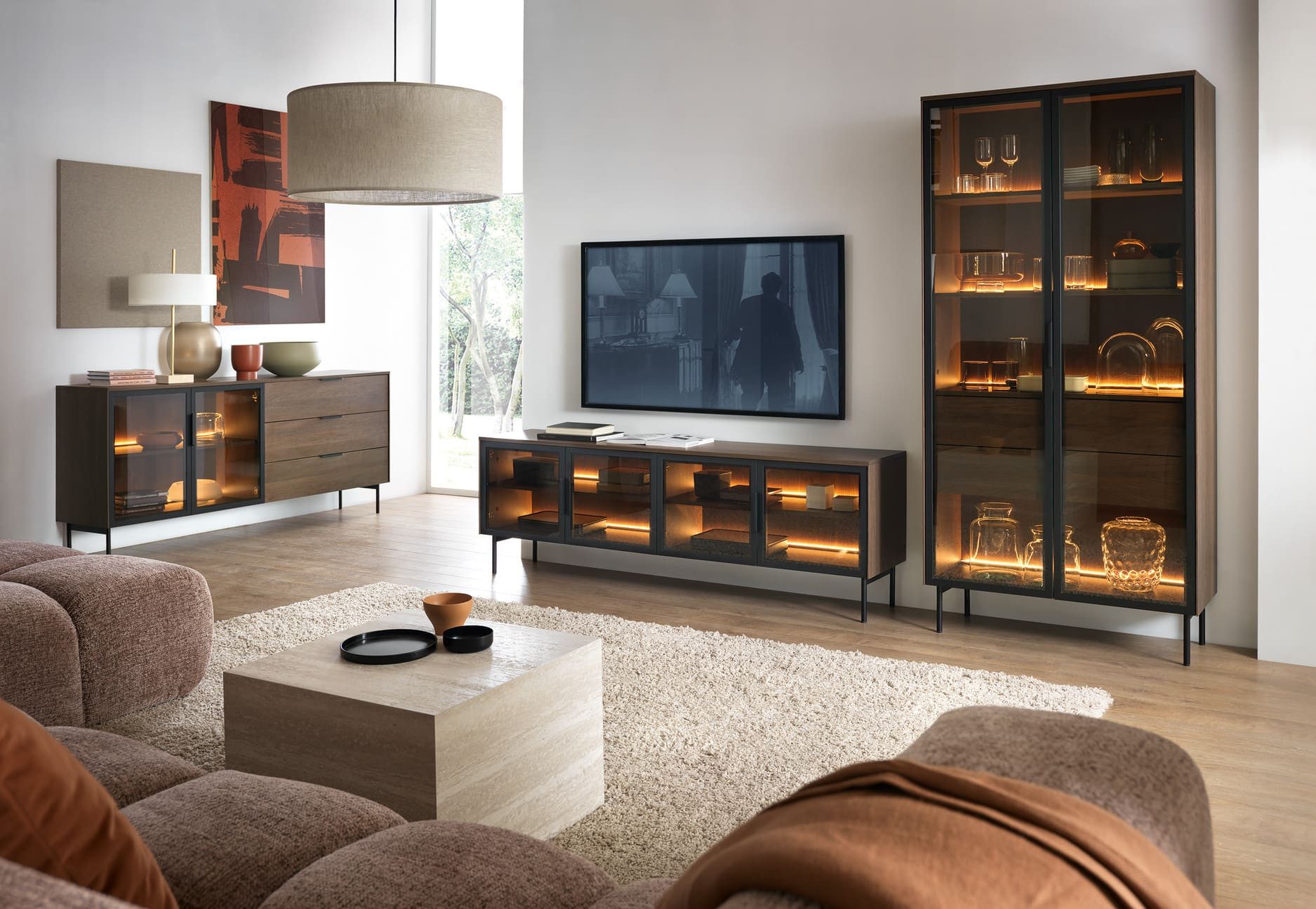 MOEBLO TV-Board ELOA 181 4D (Stilvolles Highboard mit LED-Beleuchtung, Ornamentglas & gehärtetem Glas, Metallakzenten, Kaschmir oder Eiche Dunin, Wohnzimmer Kommode Wohnzimmermöbel), (BxHxT): 181,3 x 61,6 x 39,3 cm