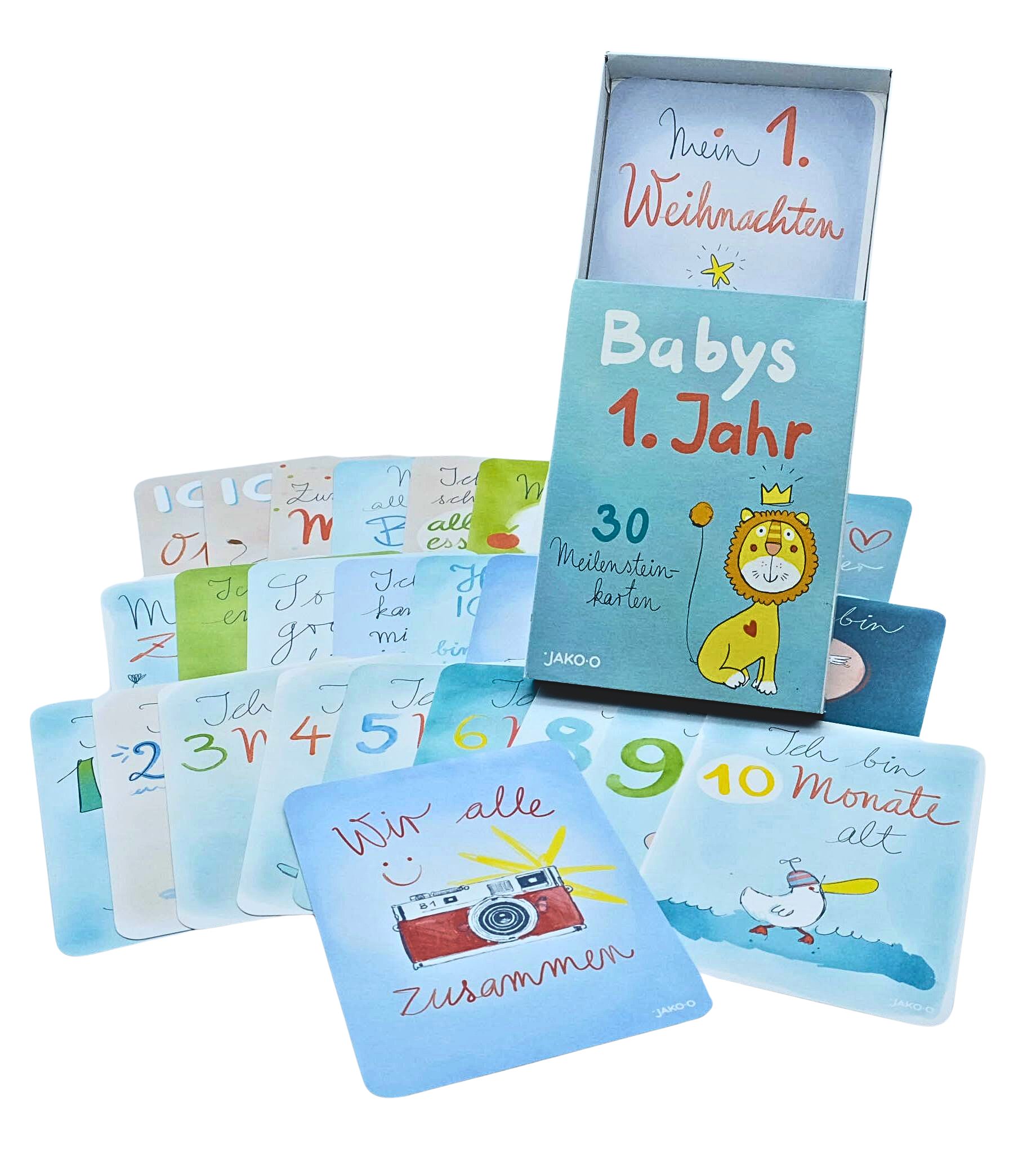 JAKO-O Geburtskarte Meilenstein Karten Baby Geburt + 1. Jahr, Meilensteinkarten Baby, MADE IN GERMANY, Inkl. Geschenkbox