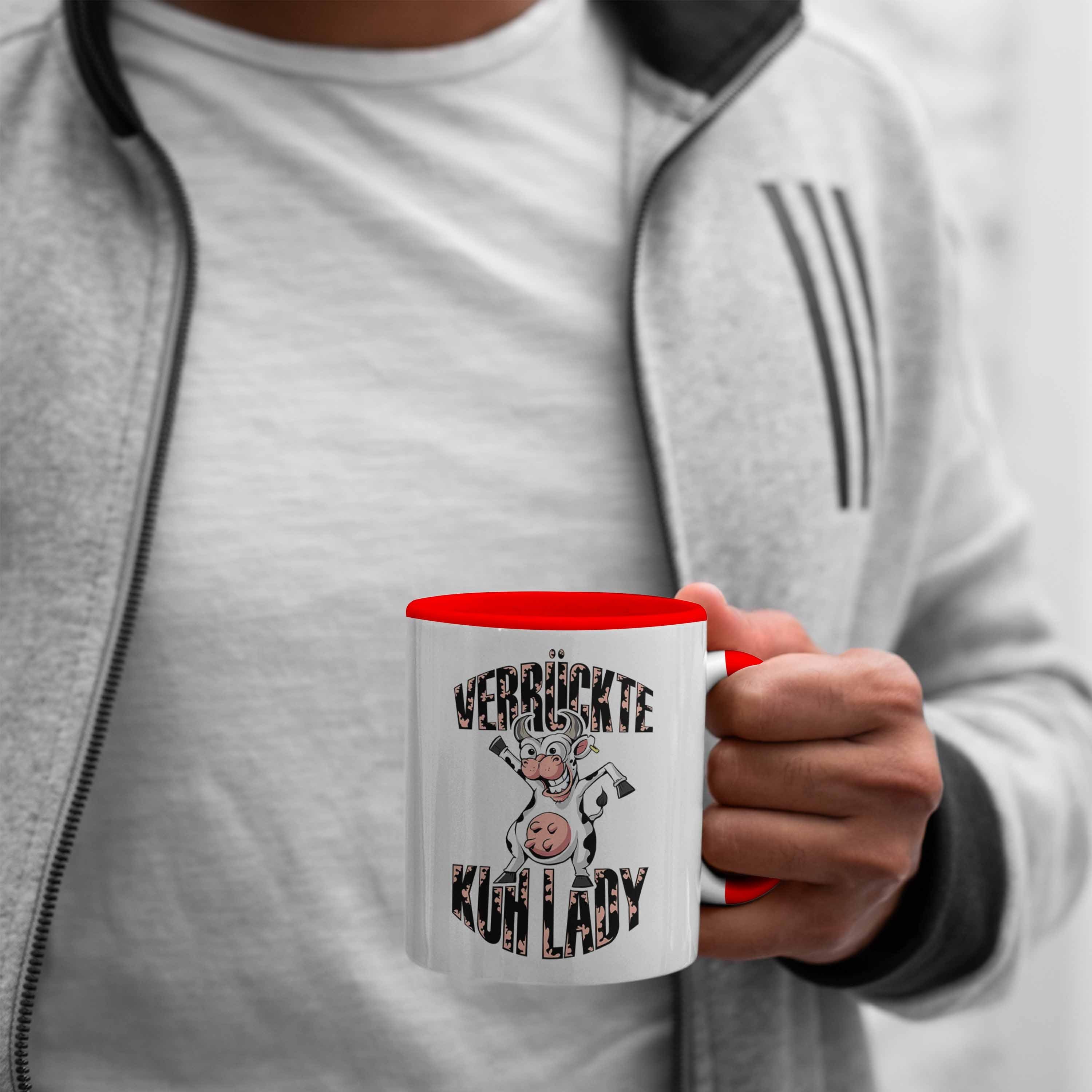 Geschenk "Verrückte Kuhlady" Tasse Trendation Frauen Bauernhof Lustige Bäuerin Rot Tasse