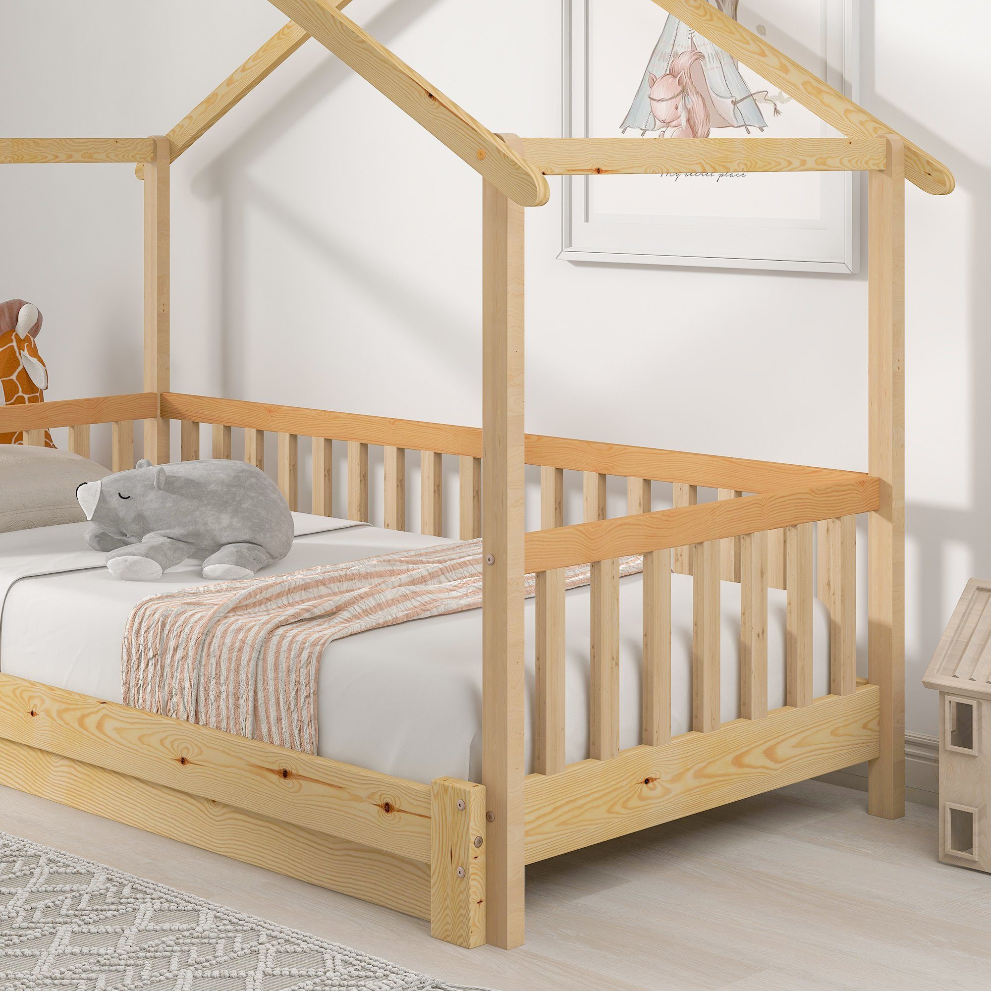 Merax Hausbett aus Rausfallschutz, Kinderbett Massivholz Ausziehbett,Einzelbett/Doppelbett, mit 90x200cm/180x200cm