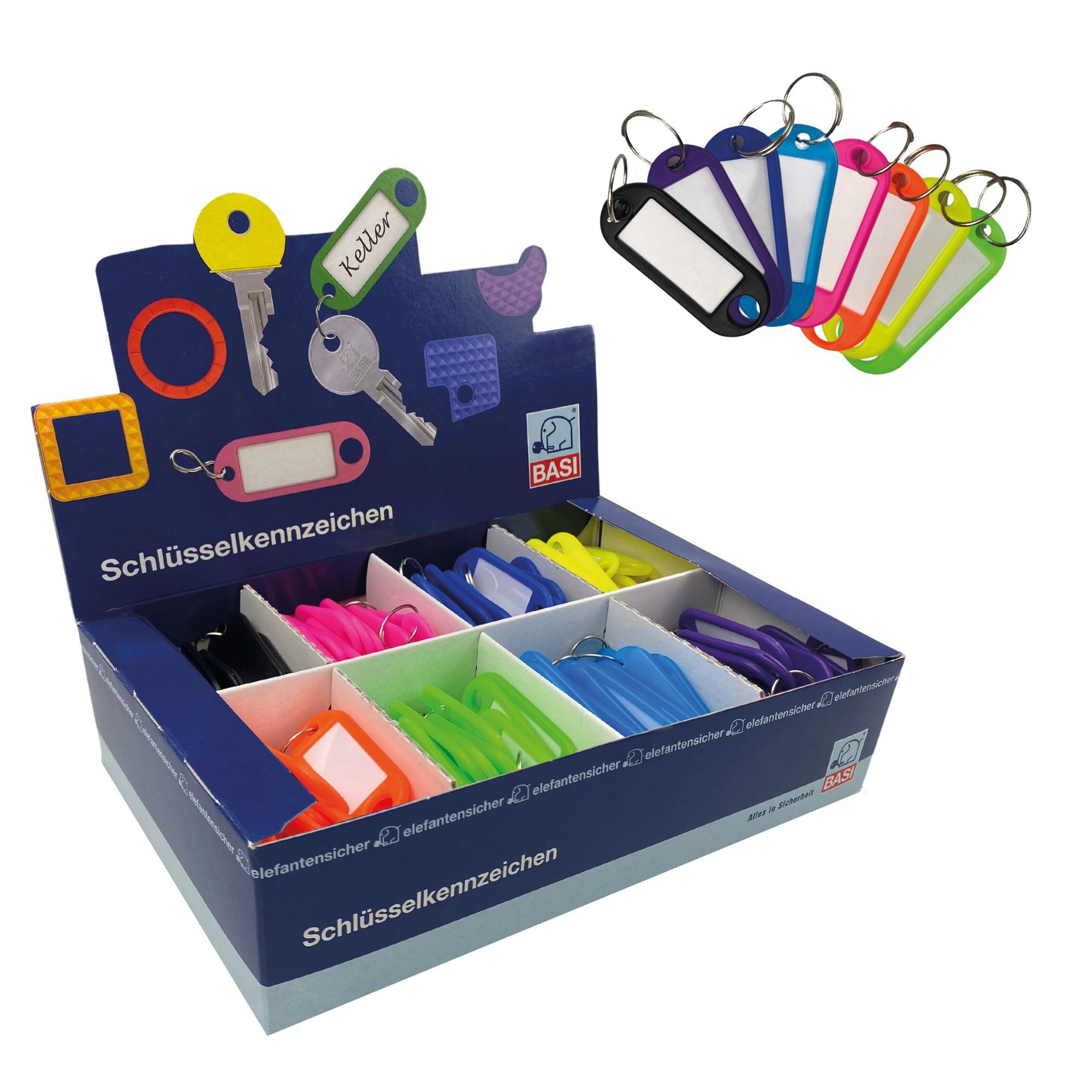 BASI Schlüsselanhänger im Verkaufsdisplay (Packung), Leuchtfarben mit Ring, 1 VE = 200 Stück, 8-farbig sortiert