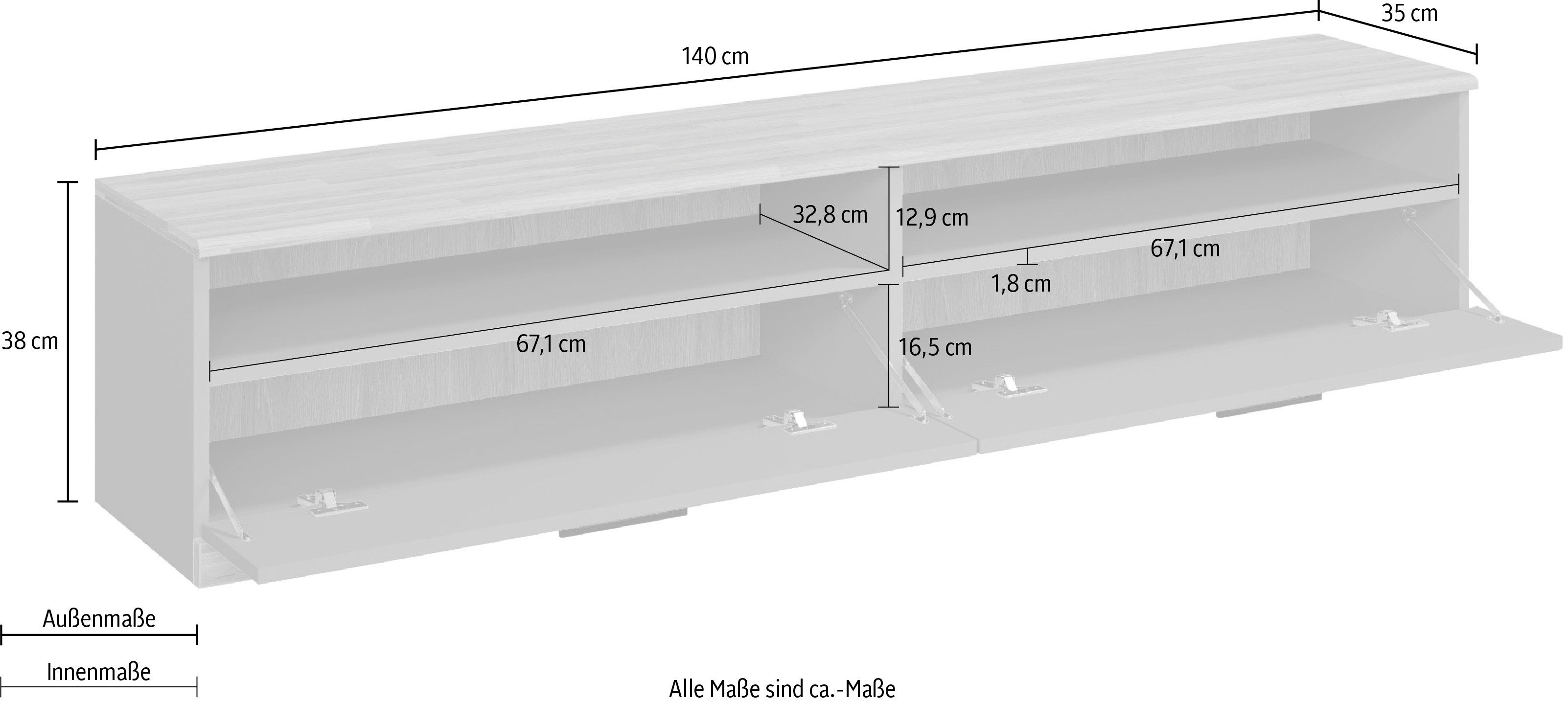 Home affaire Lowboard Ribe,140cm breit,38cm hoch mit 2 Klappen,Oberplatte aus Massivholz, Eiche massiv,Melamin in Salbeigrün,schwarze Metall Griffe
