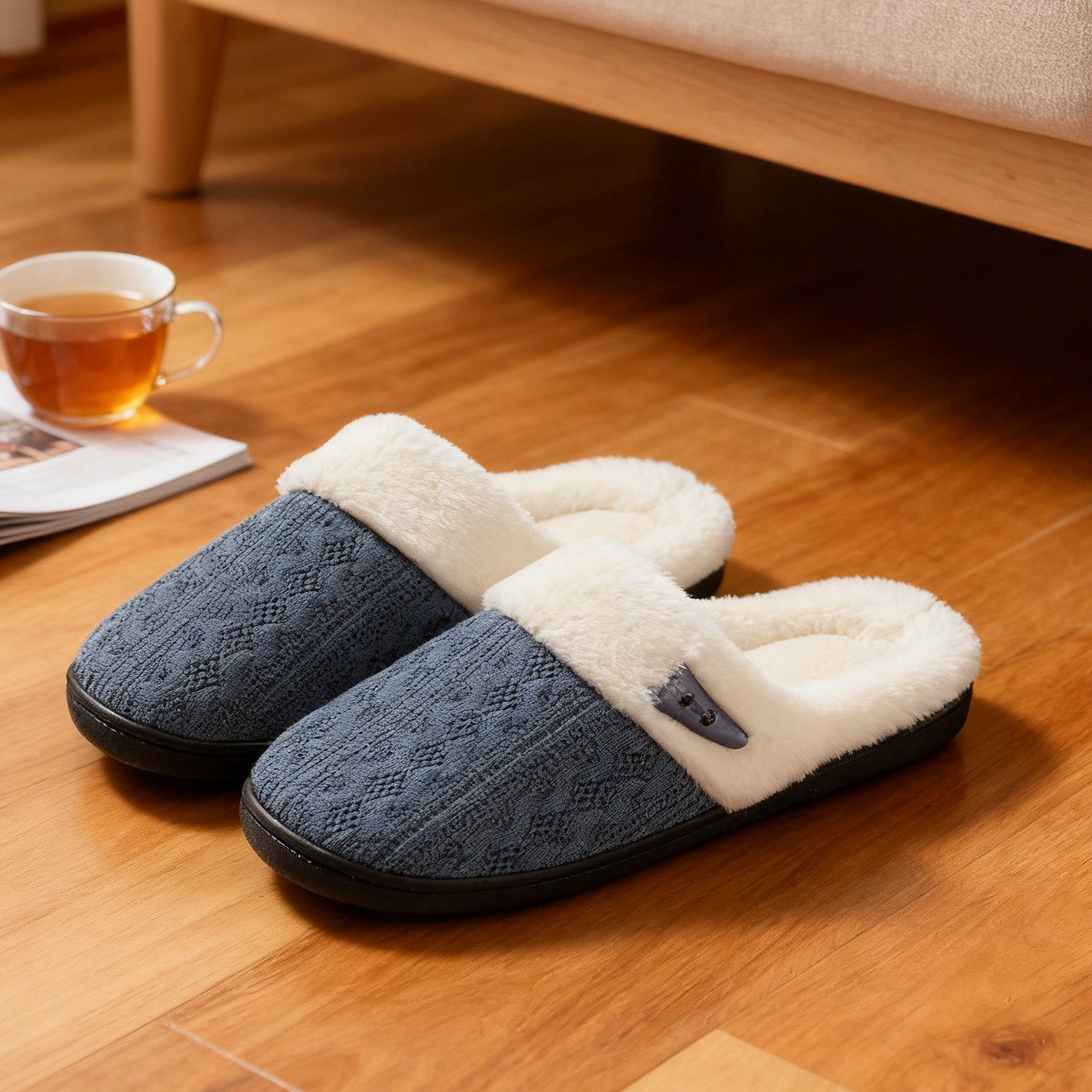 OKWISH Flausch-Hausschuhe für Damen und Herren Strickslipper Indoor Slipper Plüsch Hausschuhe (Gummisohle für komfortables Gehen im Innenbereich, 1-tlg., atmungsaktivem Strickstoff mit hochdichtem Memory-Schaum) Unisex-Hausschuhe ideal für täglichen Indoor-Gebrauch
