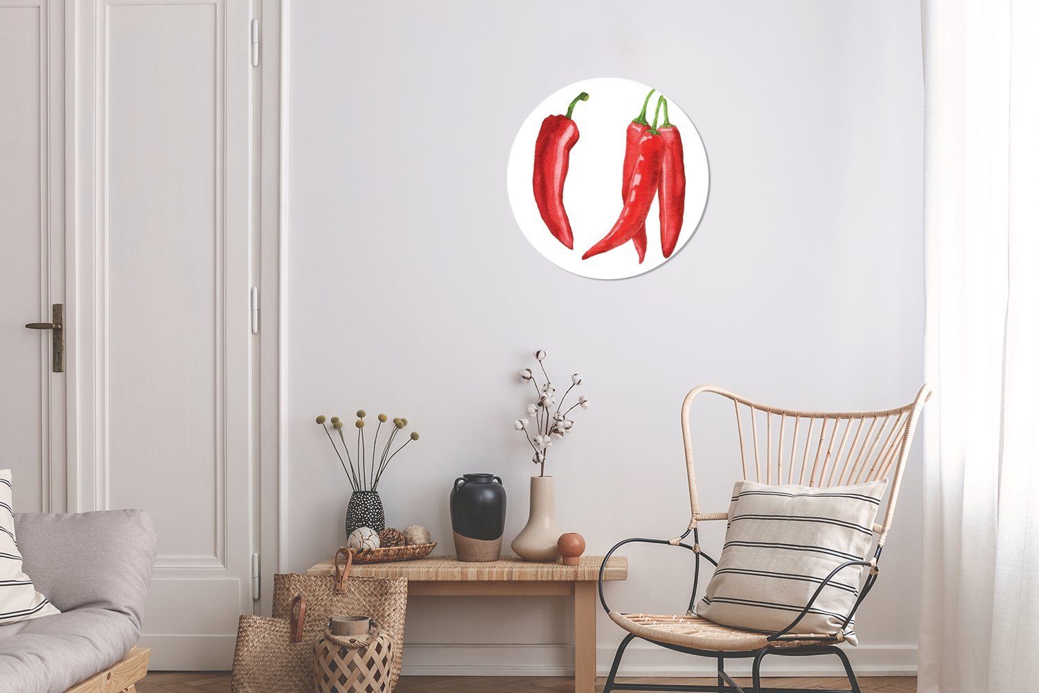 MuchoWow Wandsticker Aquarell - Chilischoten Tapetenkreis (1 St), - Rot für Tapetenaufkleber, Kinderzimmer, Wohnzimmer Rund