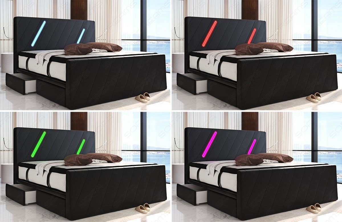 Dreams - LED-Beleuchtung, Boxspringbett grau Topper, Toulon Sofa USB-Anschlüsse mit Microfaser,