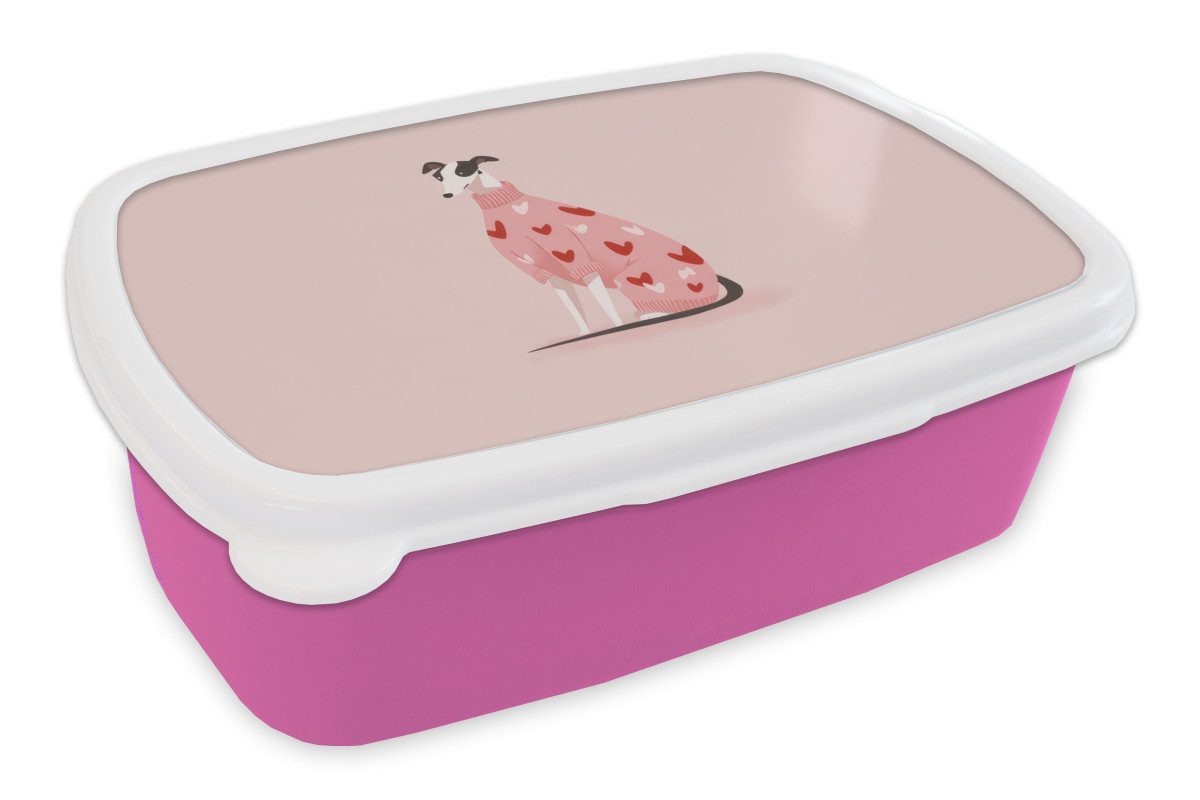 MuchoWow Lunchbox Hund - Herzen - Rosa, Kunststoff, (2-tlg), Brotdosen, Lunch Box, Brotbox für Kinder und Erwachsene