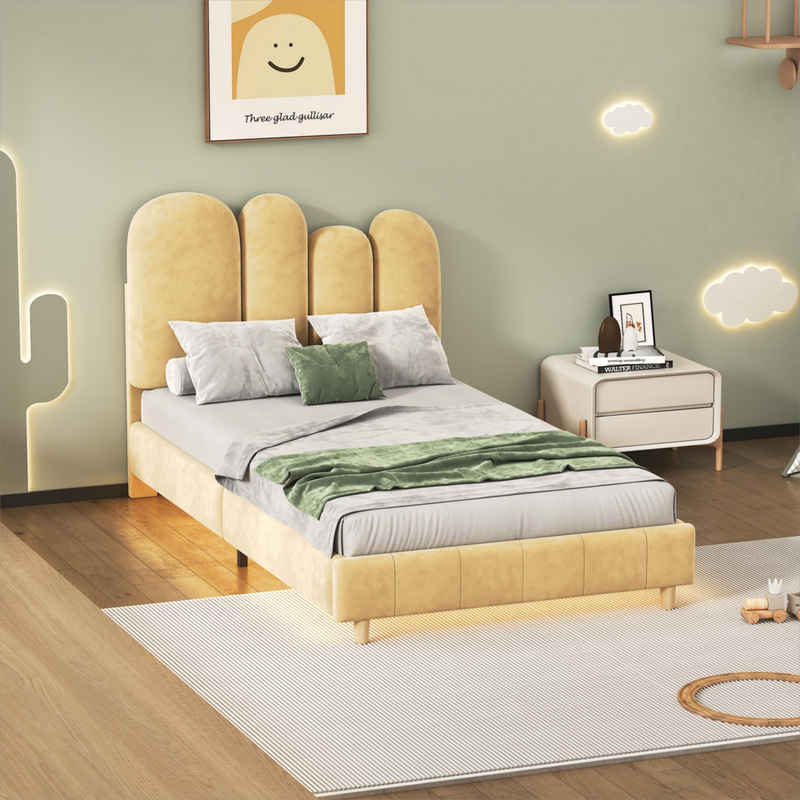OKWISH Polsterbett mit Unterbett-LED-Lichtleiste in warmem Gelb, mit Holzlatten, Samt (90x200 cm, Daumenform Kopfteil, Kinderbett), ohne Matratze