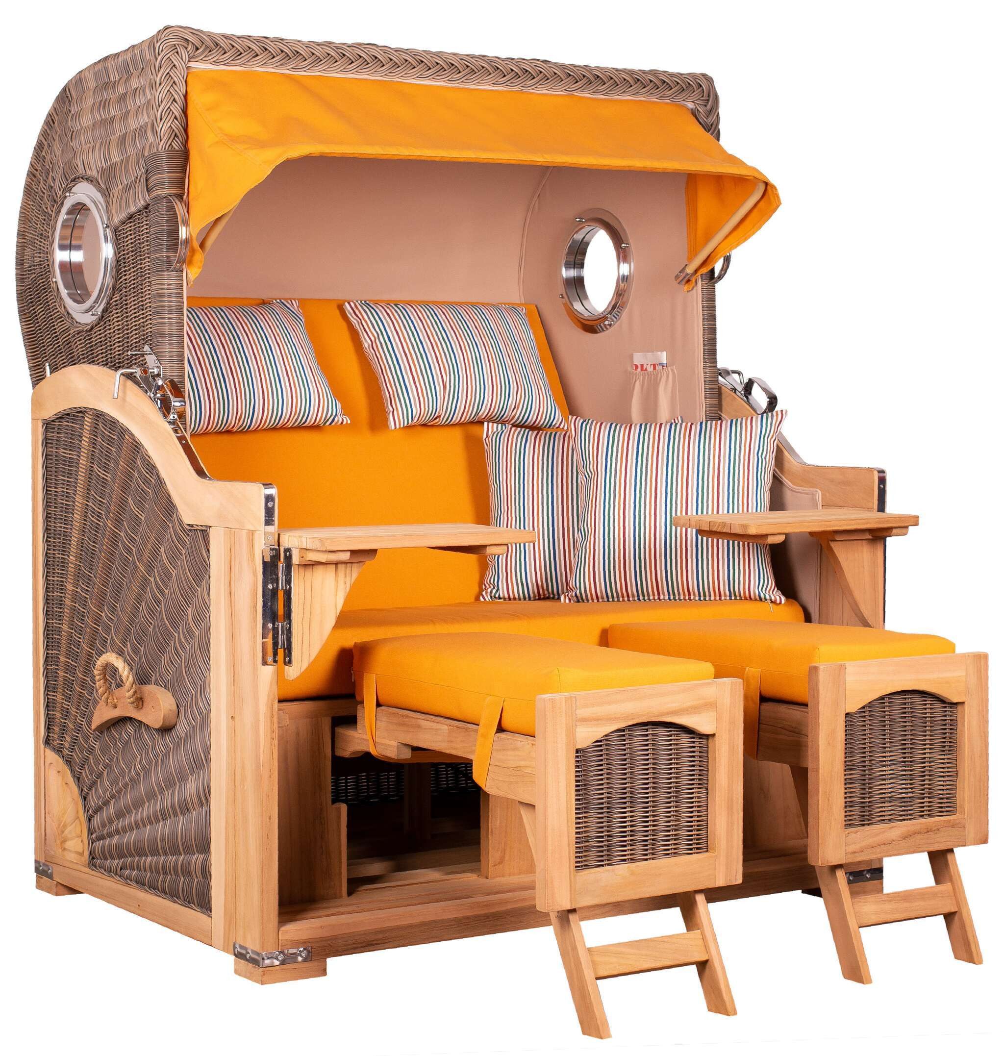 MR.DEKO Strandkorb 2,5 Sitzer Düne Grande, wetterfest mit Bullauge Teak PE Grey XL, BxTxH: 142x95x170 cm, Volllieger, Düne, (Fertig montierter Strandkorb für Garten, Terrasse & Balkon), Wetterfester Volllieger mit Edelstahlbeschlägen & waschbaren Polstern