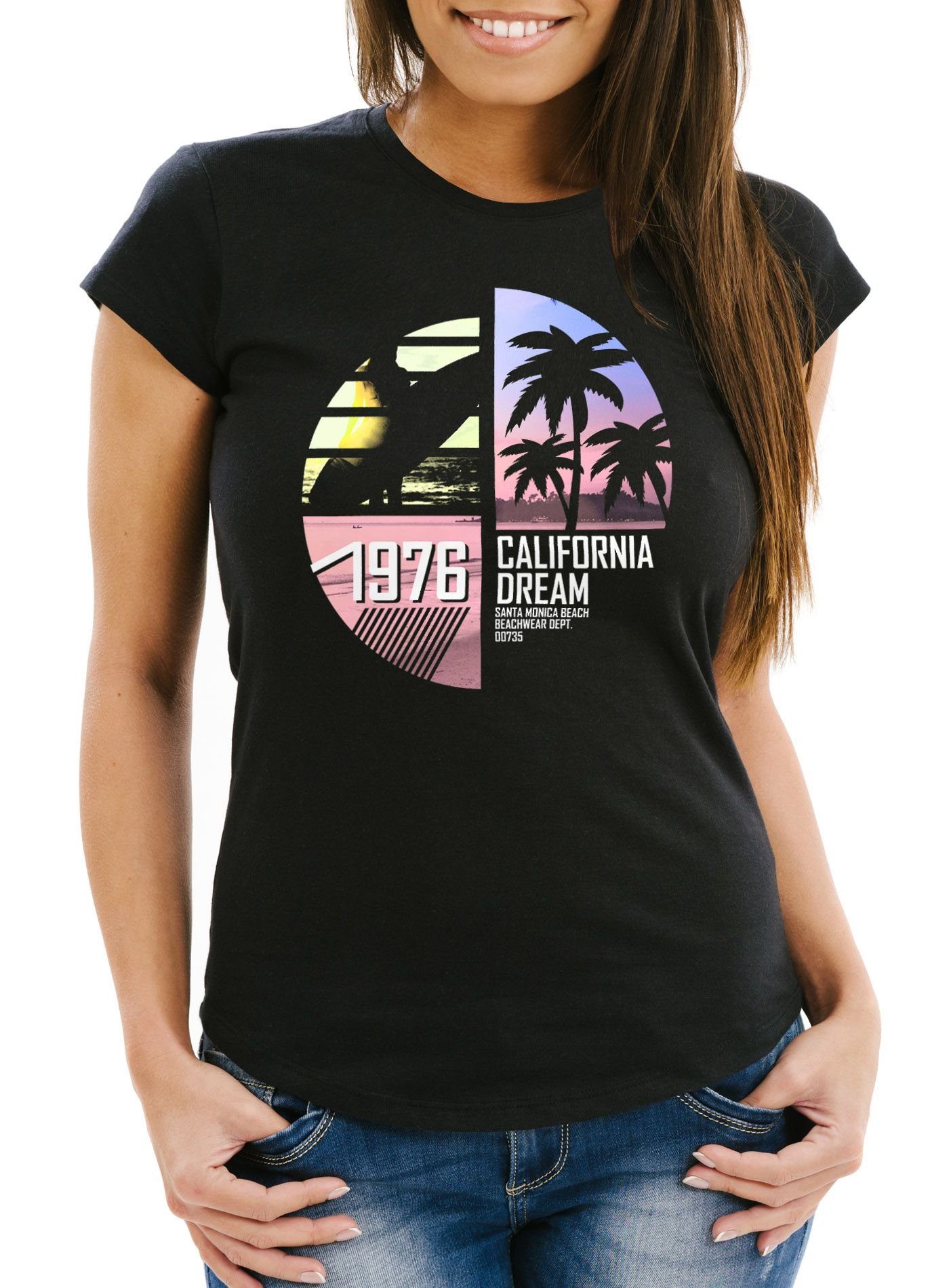 California T-Shirt Moonworks® Fit mit Print-Shirt Print Slim Damen schwarz Surfing MoonWorks