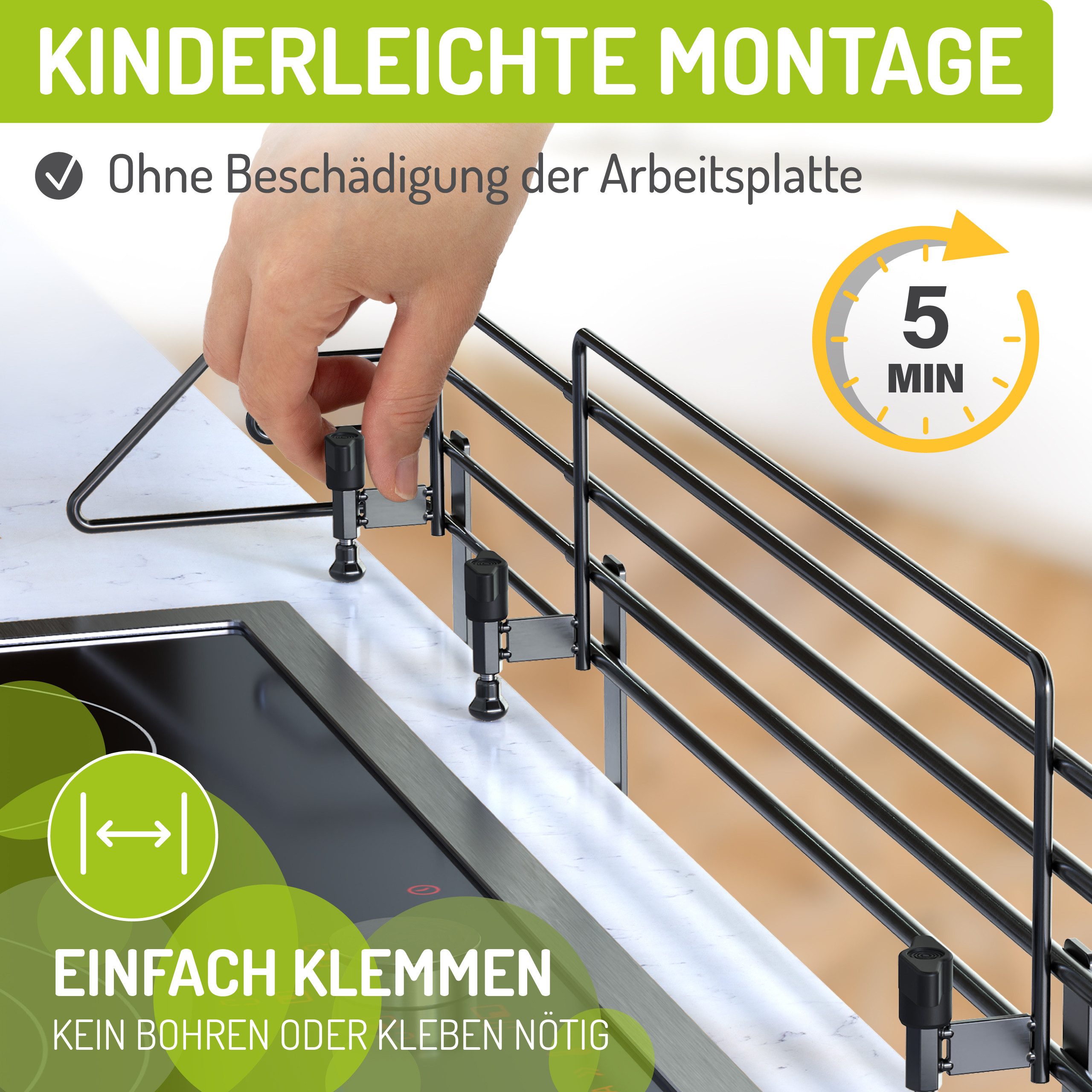 BOMI Herdschutzgitter Herdsicherung Mowi 64-110 cm zum Klemmen, Herd Gitter Schutz Ohne Bohren - Spülmaschinenfest - Rostfrei – Bild 4 von 5