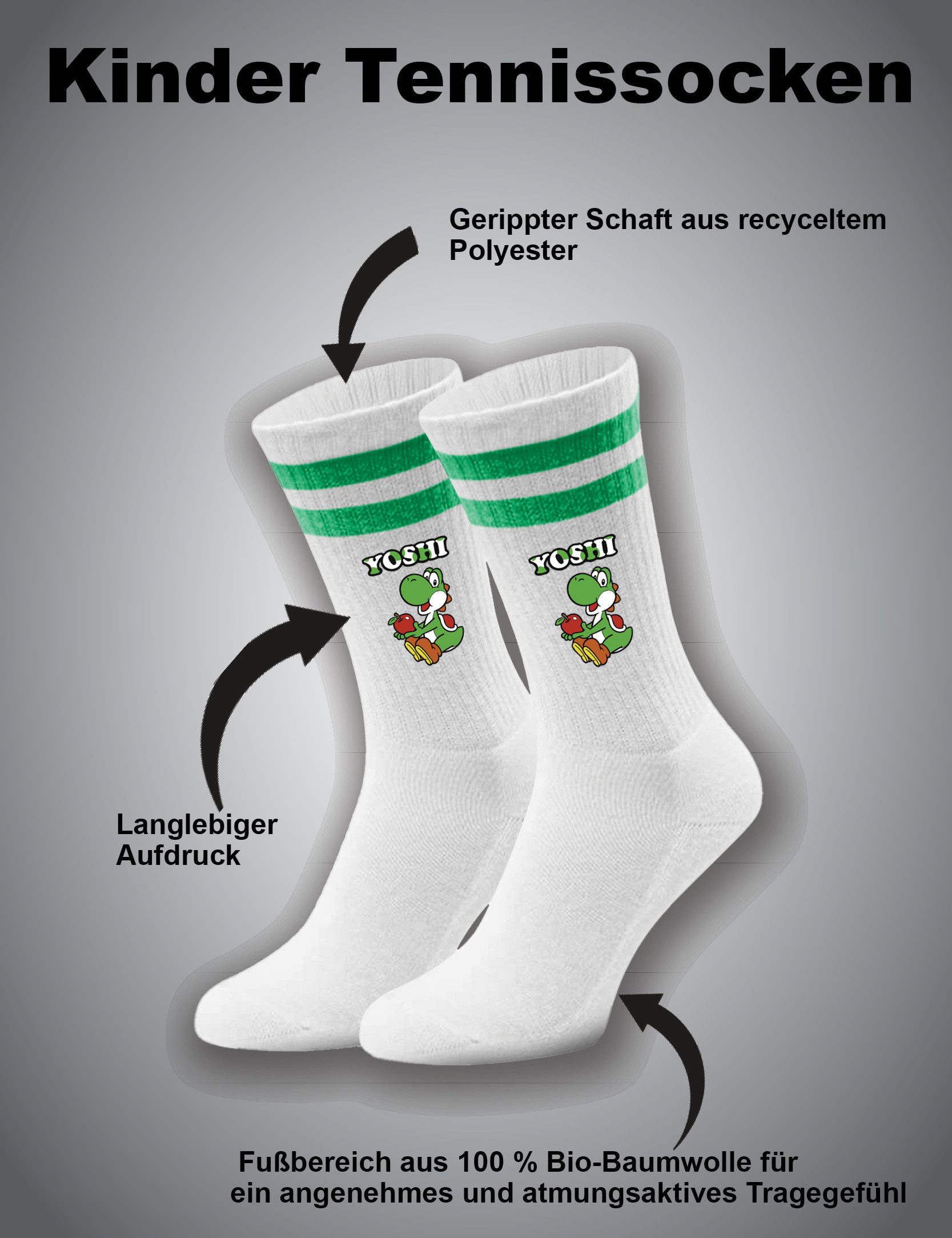 Youth Designz Tennissocken Yoshi Unisex Socken Geschenk für Jungen und Mädchen mit verstärkter Verse und Zehenbereich