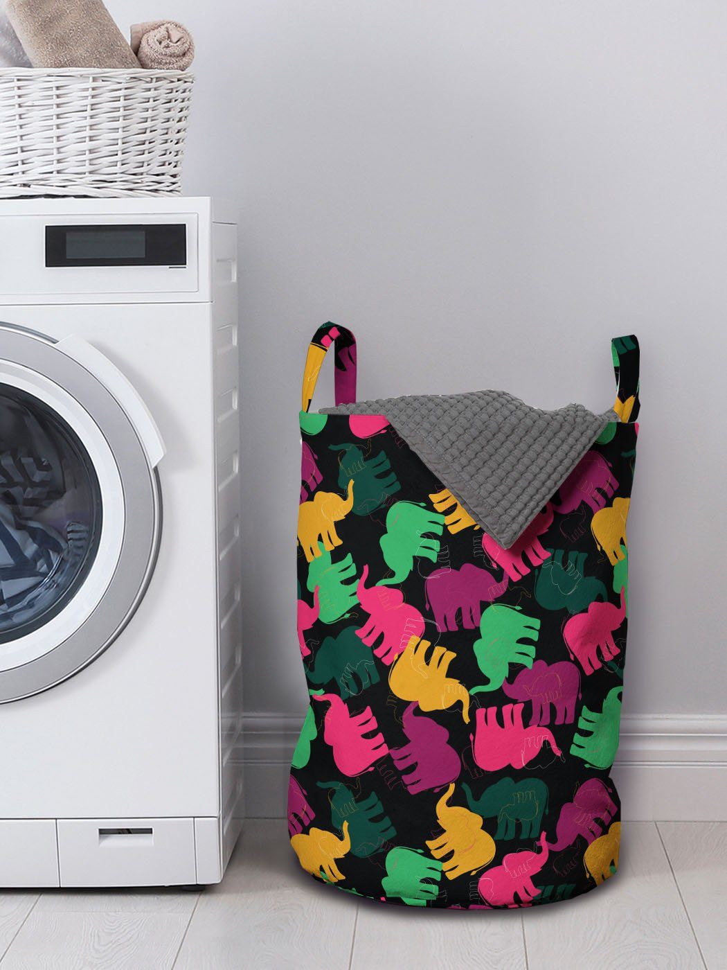 Griffen Kordelzugverschluss mit Elefant Silhouette Bunte Safari Abakuhaus für Wäschesäckchen Wäschekorb Waschsalons,