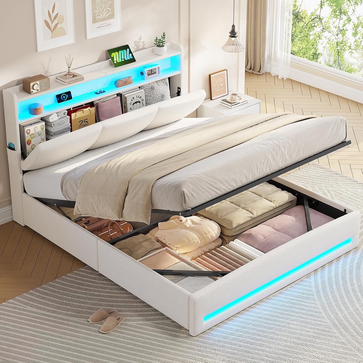 Polsterbett mit Steckdosen und LED-Beleuchtung, Doppelbett mit Stauraum Kopfteil