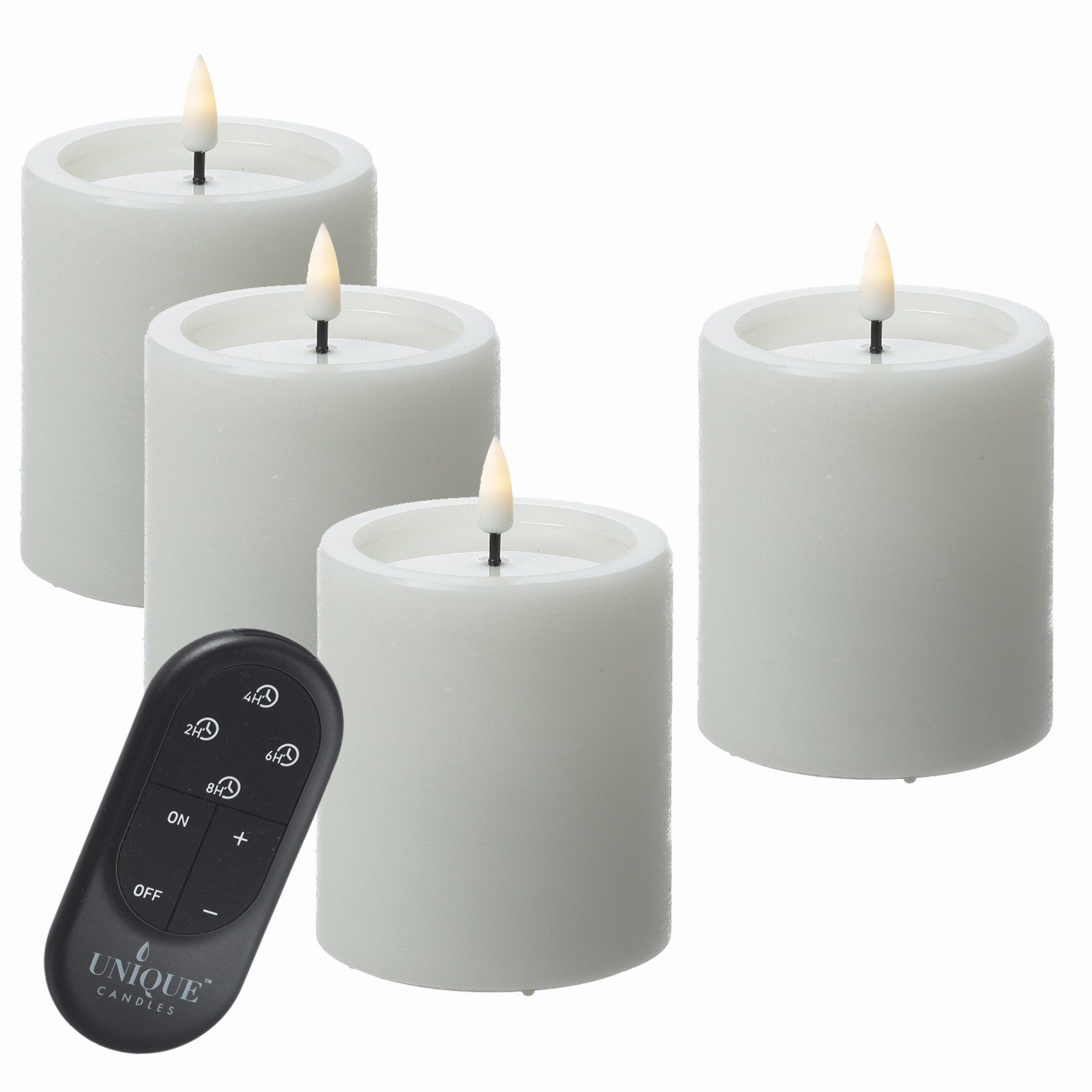 UNIQUE candles LED-Kerze LED Kerzenset UNIQUE Rustik-Optik H: 15cm mit Batterien Fernb. 4er Set, LED Classic, warmweiß (2100K bis 3000K)