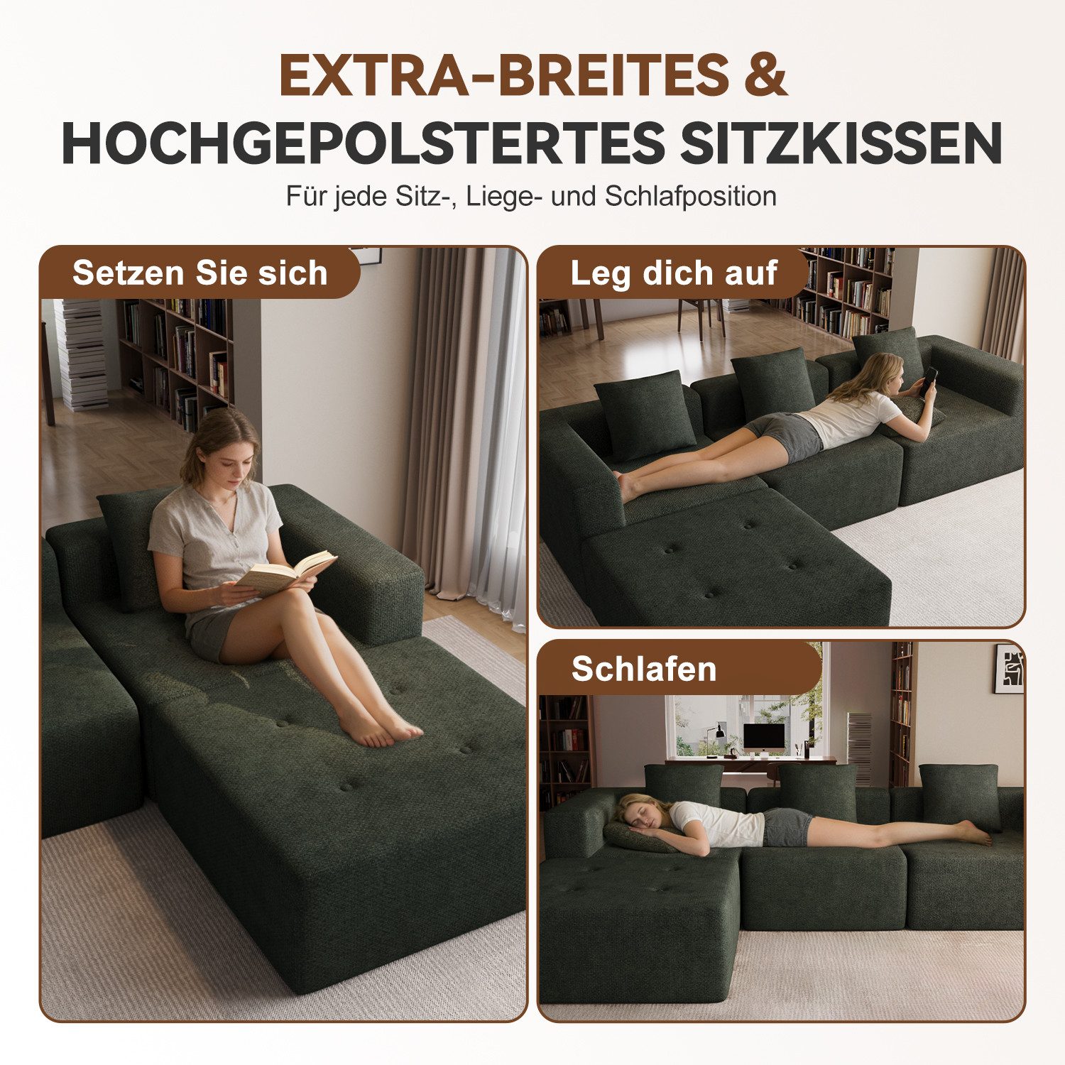 Lexzurn Ecksofa Sofa mit Federkern Widersteht dem Durchsitzen, B: 258.5cm Schlafsofa, mit großer Chaiselongue & 3 Zierkissen, Chenille-Struktur keine Montage er – Bild 4 von 5