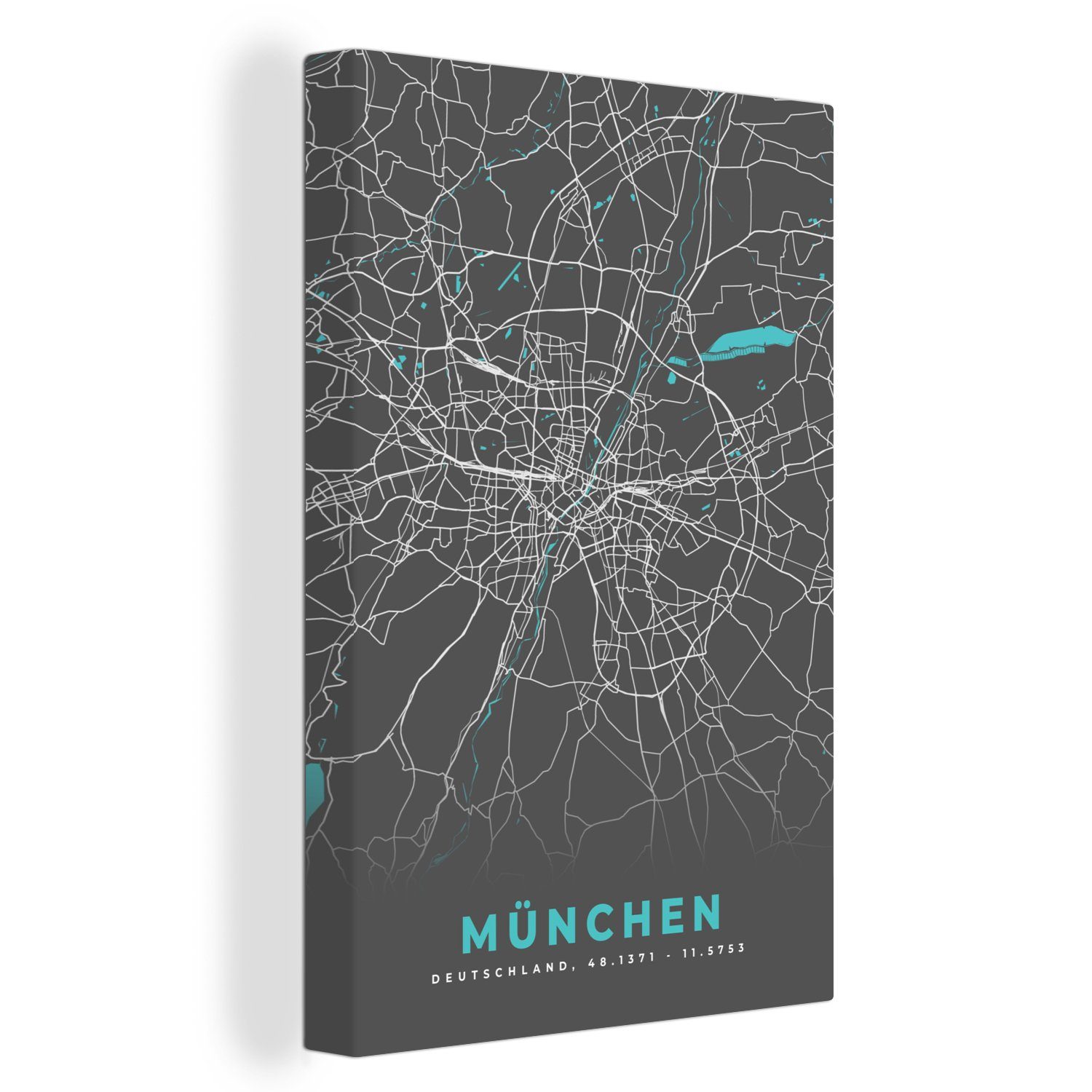 OneMillionCanvasses® Leinwandbild Stadtplan - München - Deutschland - Karte, (1 St), Leinwandbild fertig bespannt inkl. Zackenaufhänger, Gemälde, 20x30 cm