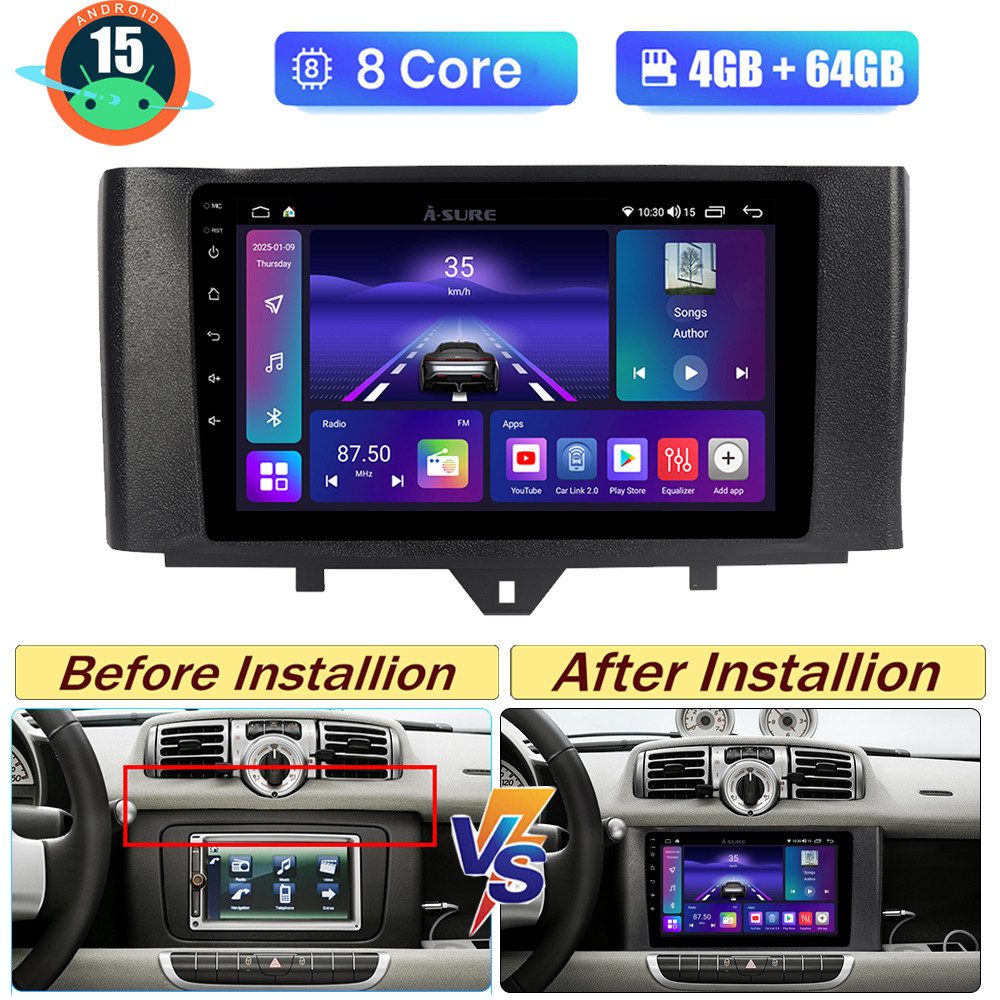 A-Sure 4+64G Android 15 Radio Carplay GPS Navi Für Smart Fortwo 451 2011-2015 Autoradio (Digitalradio (DAB), FM, AM, 1280*800 IPS Screen/8-Core CPU)