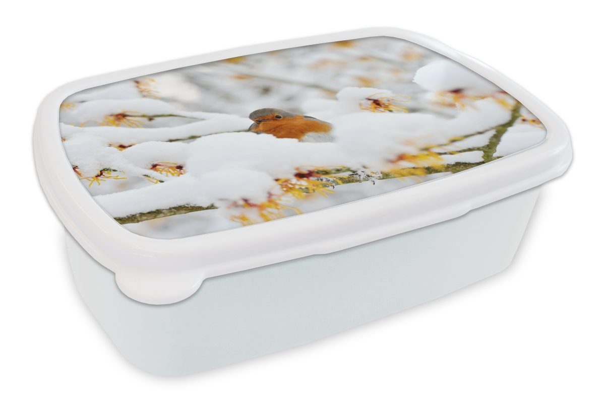 MuchoWow Lunchbox Schnee - Rotkehlchen - Zweig, Kunststoff, (2-tlg), Brotbox für Kinder und Erwachsene, Brotdose, für Jungs und Mädchen weiß | Lunchboxen