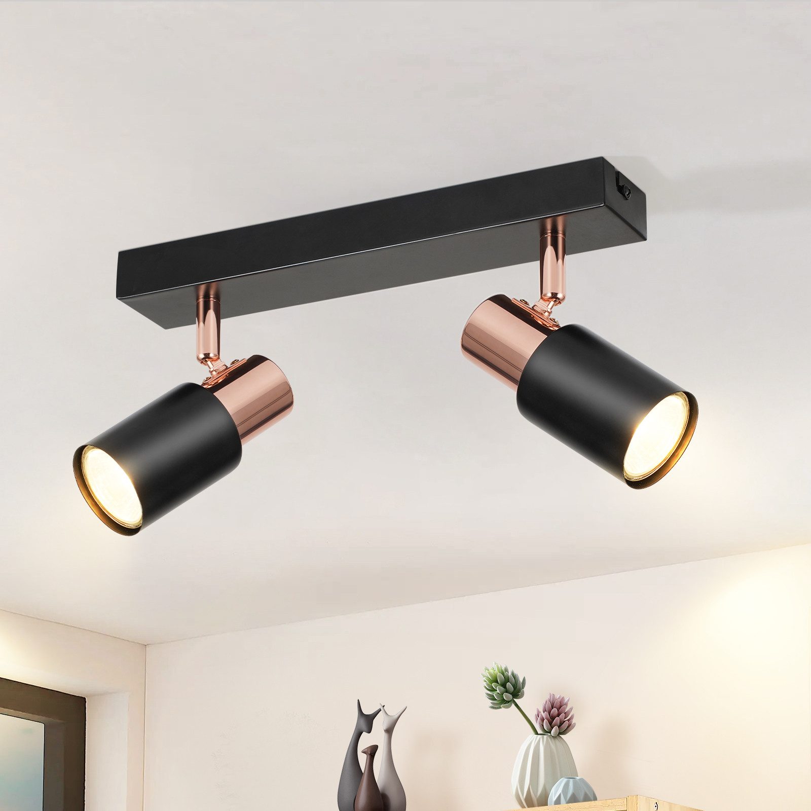 Deckenstrahler Schwarz-Rosagold 355° Drehbar Wandstrahler Industrial für Wohnzimmer