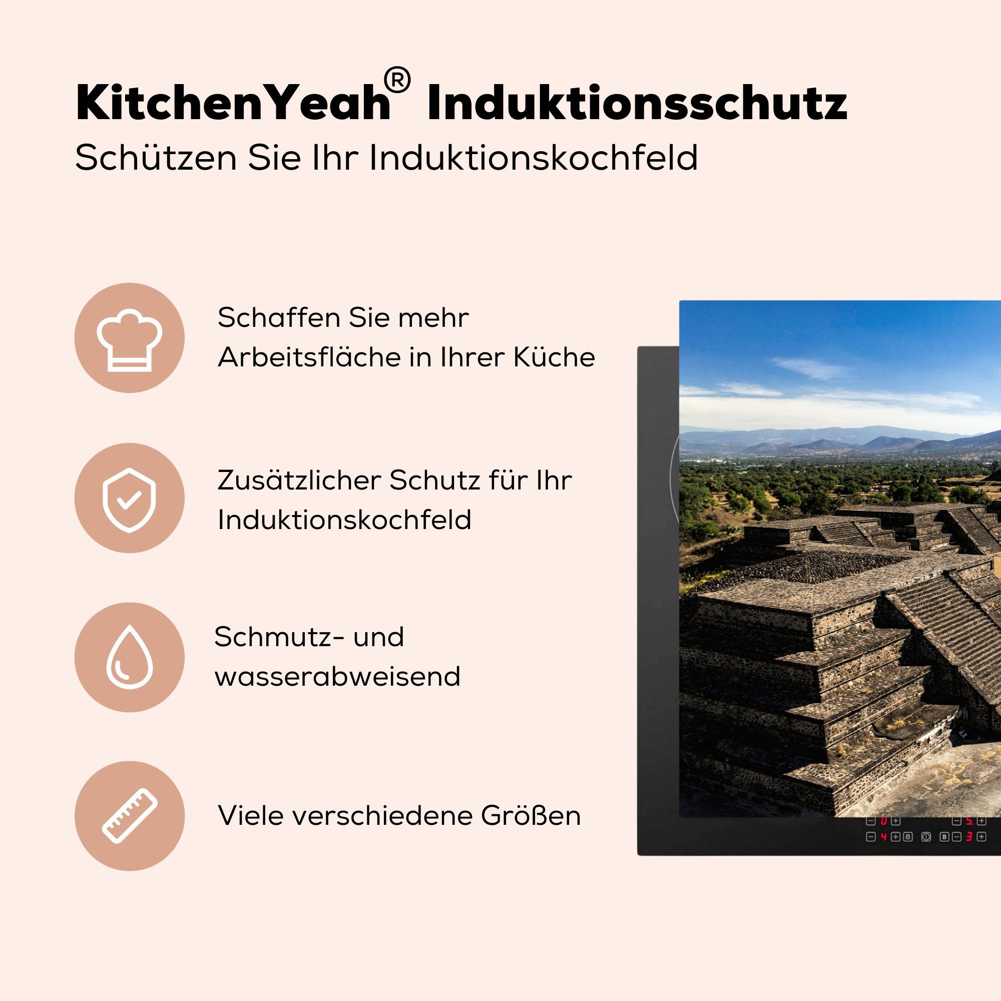 MuchoWow Herdblende-/Abdeckplatte für Ceranfeldabdeckung der (1 cm, 81x52 Pyramiden von in Teotihuacán, die Mondpyramide Vinyl, über Schutz küche, Blick Induktionskochfeld tlg), die