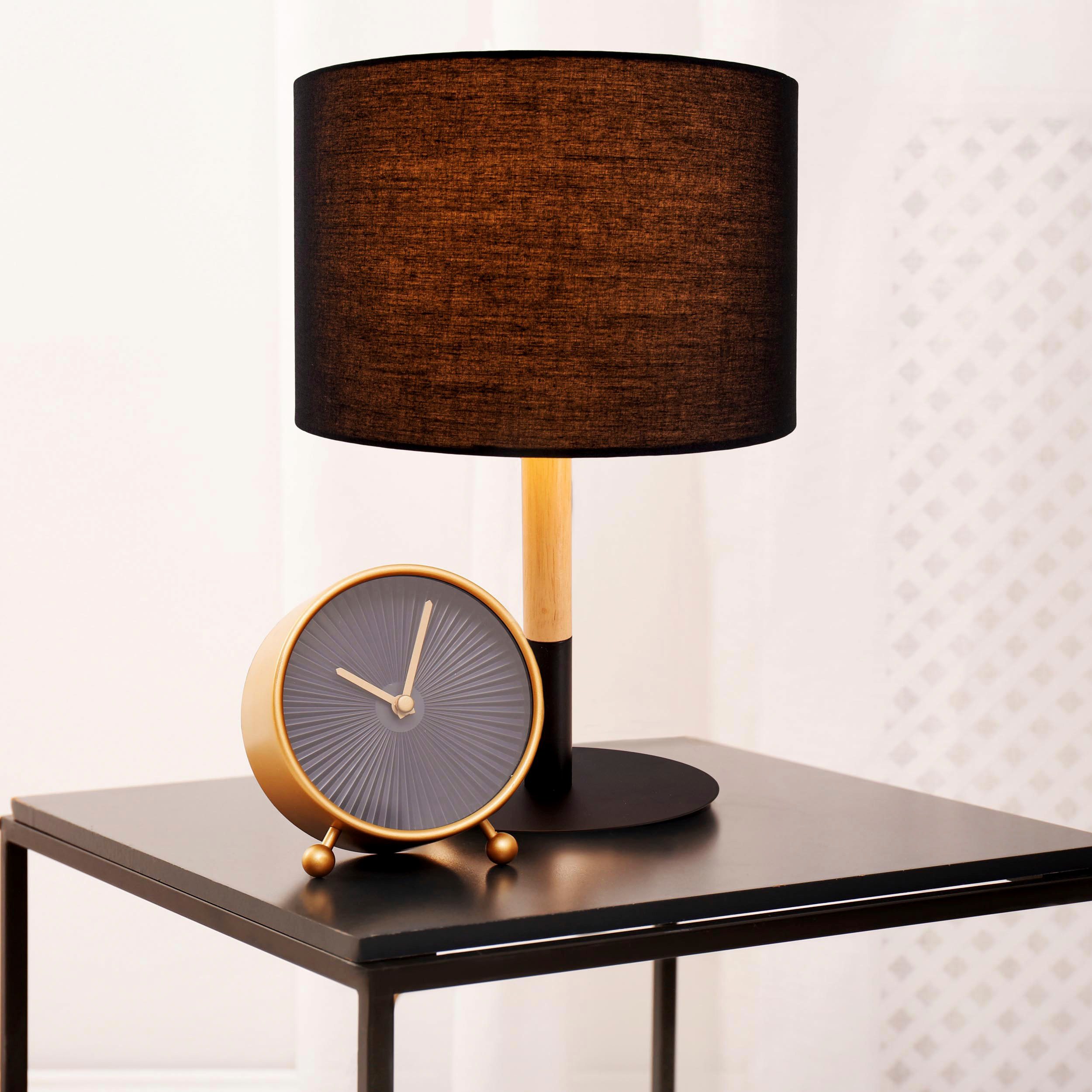 näve Tischleuchte Tessile, ohne Leuchtmittel, Textilschirm, Fuß zur Hälfte Metall schwarz und Holz Gummibaum, E14