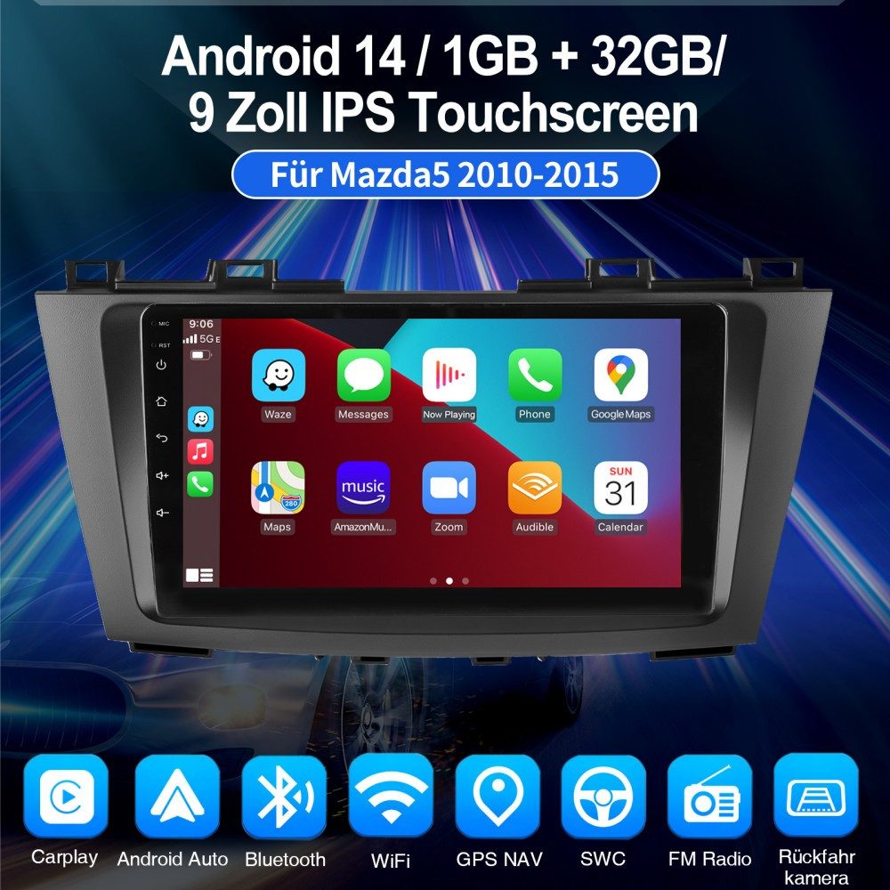 ESSGOO 9" Für Mazda 5 2010-2015 Android 14 Autoradio GPS Bluetooth WIFI Autoradio (Digitalradio (DAB), RDS, FM, AM, Apple Carplay Android Auto SWC EQ BT SWC)