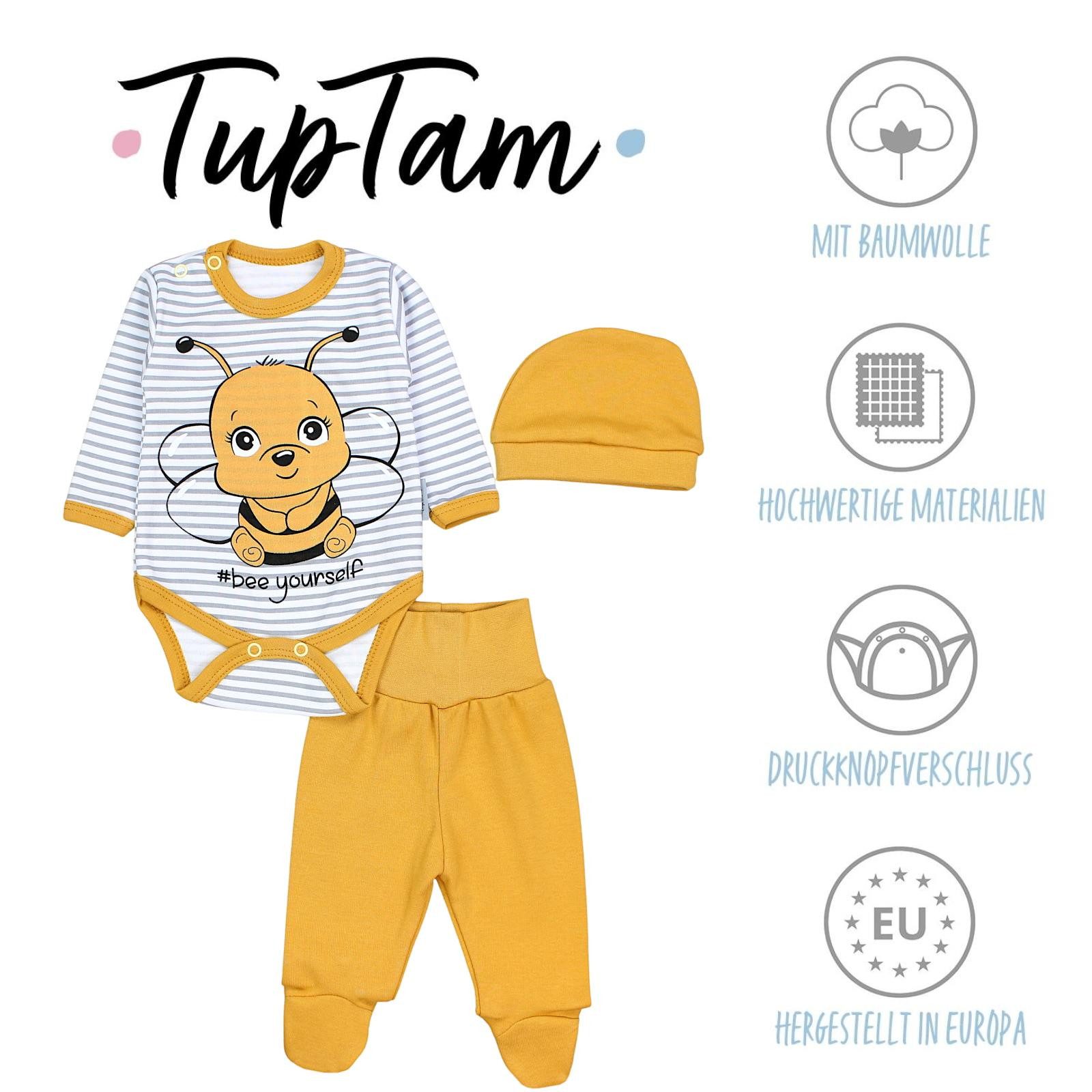 TupTam Langarmbody Baby Mädchen Jungen Bekleidungsset Langarmbody Hose Mütze mit Spruch