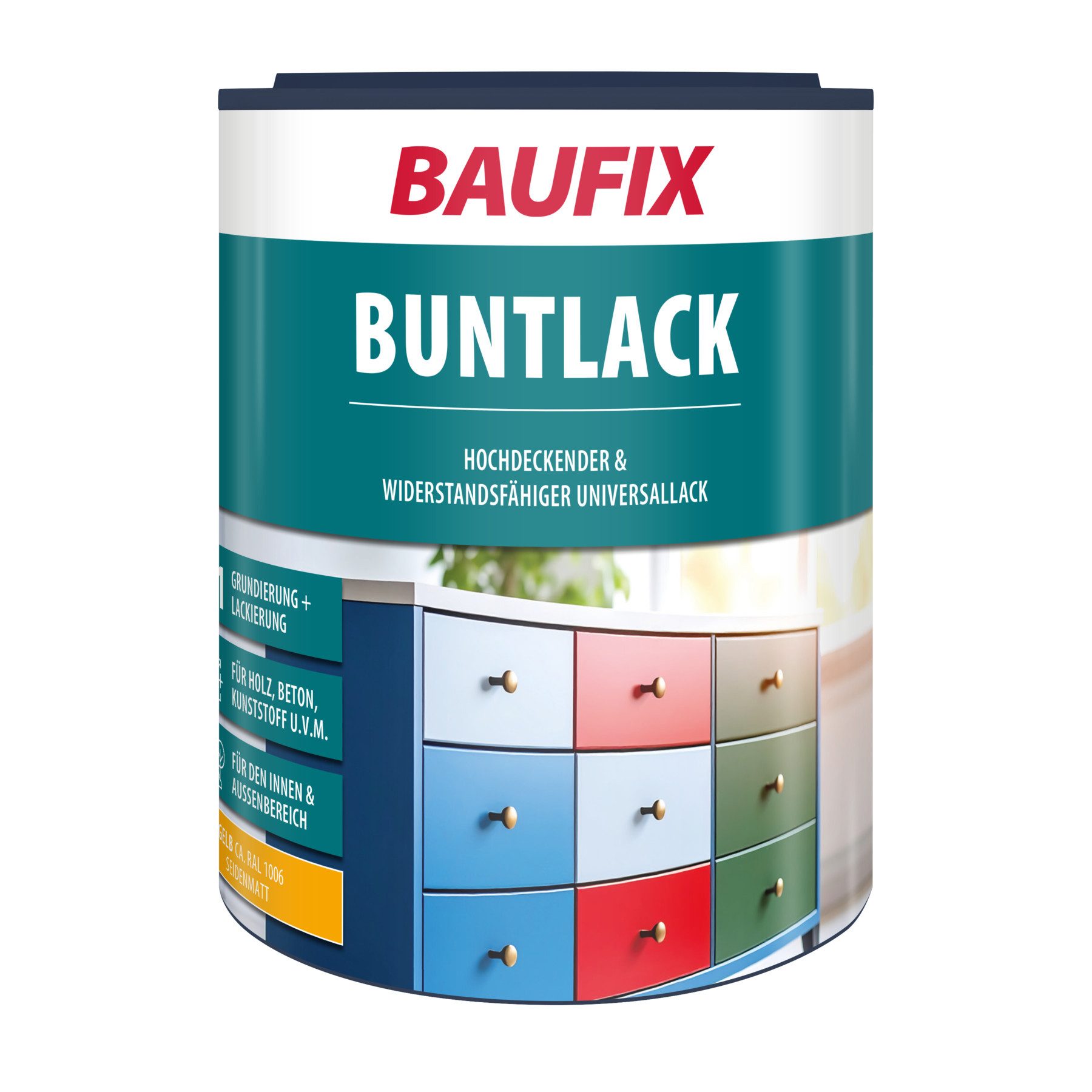 Baufix Lack Buntlack seidenmatt, 1 Liter für ca. 10 m², Lackfarbe, für Holzverkleidungen, Fachwerk, Holzhäuser, Schindeln & Zäune