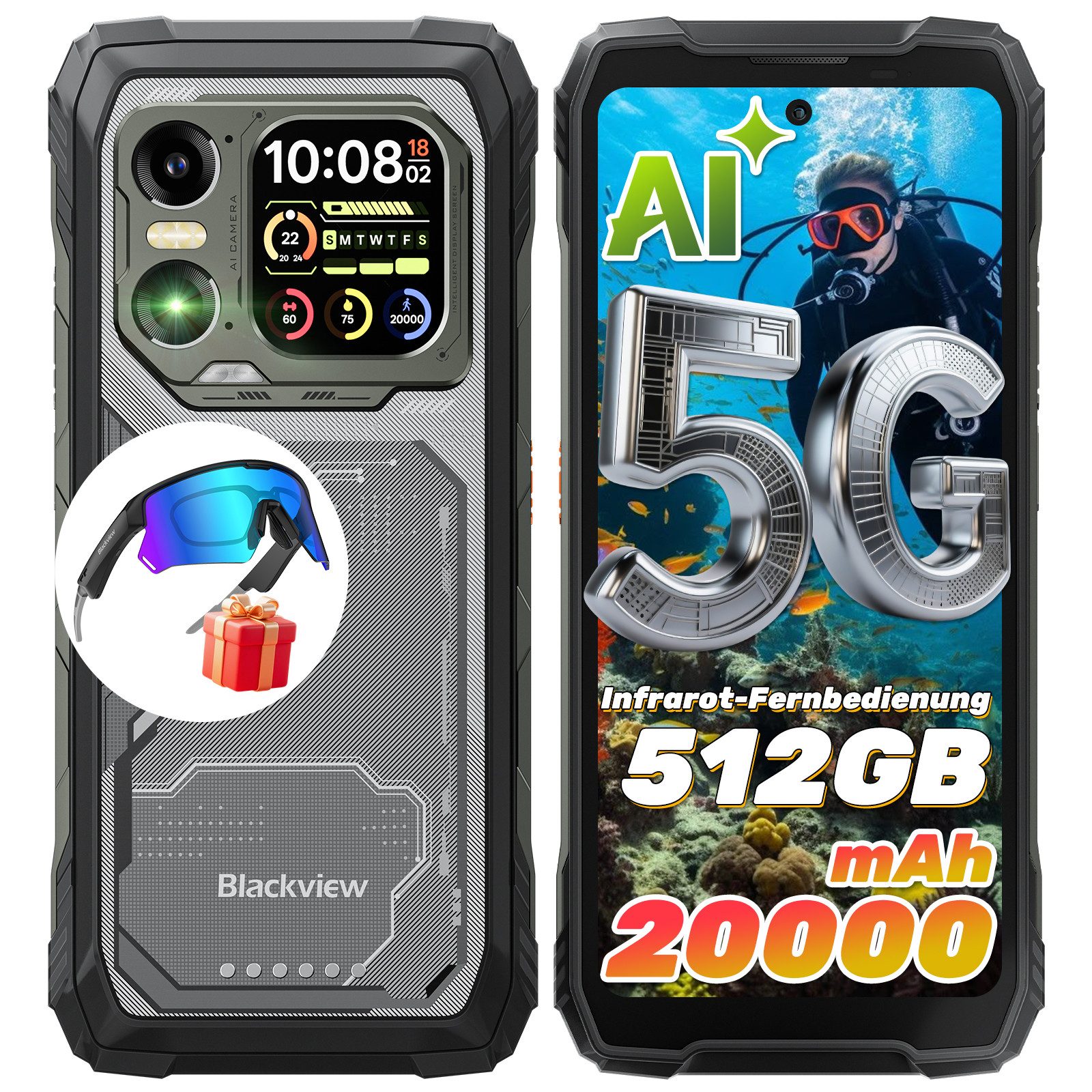 blackview XPLORE 1 Dual-Screen, 64MP Outdoor Smartphone (6,78 Zoll, 512 GB Speicherplatz, 64 MP Kamera, 5G, 1080*2460, 120Hz, 64MP+50MP+20MP Nachtsicht, 55W, 5W OTG)