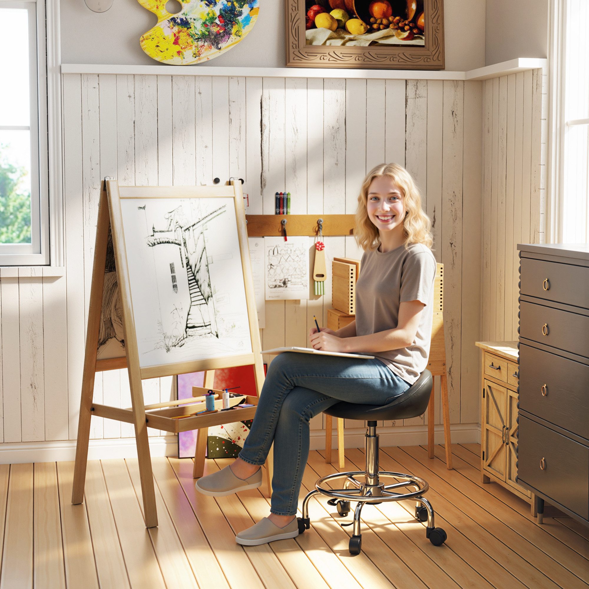 HOMCOM Drehhocker mit Rückenlehne, 59-75 cm (höhenverstellbar Rollhocker, 1 St., 360° drehbar Arbeitshocker), für Büro, Salon, Massage, Spa, Schwarz