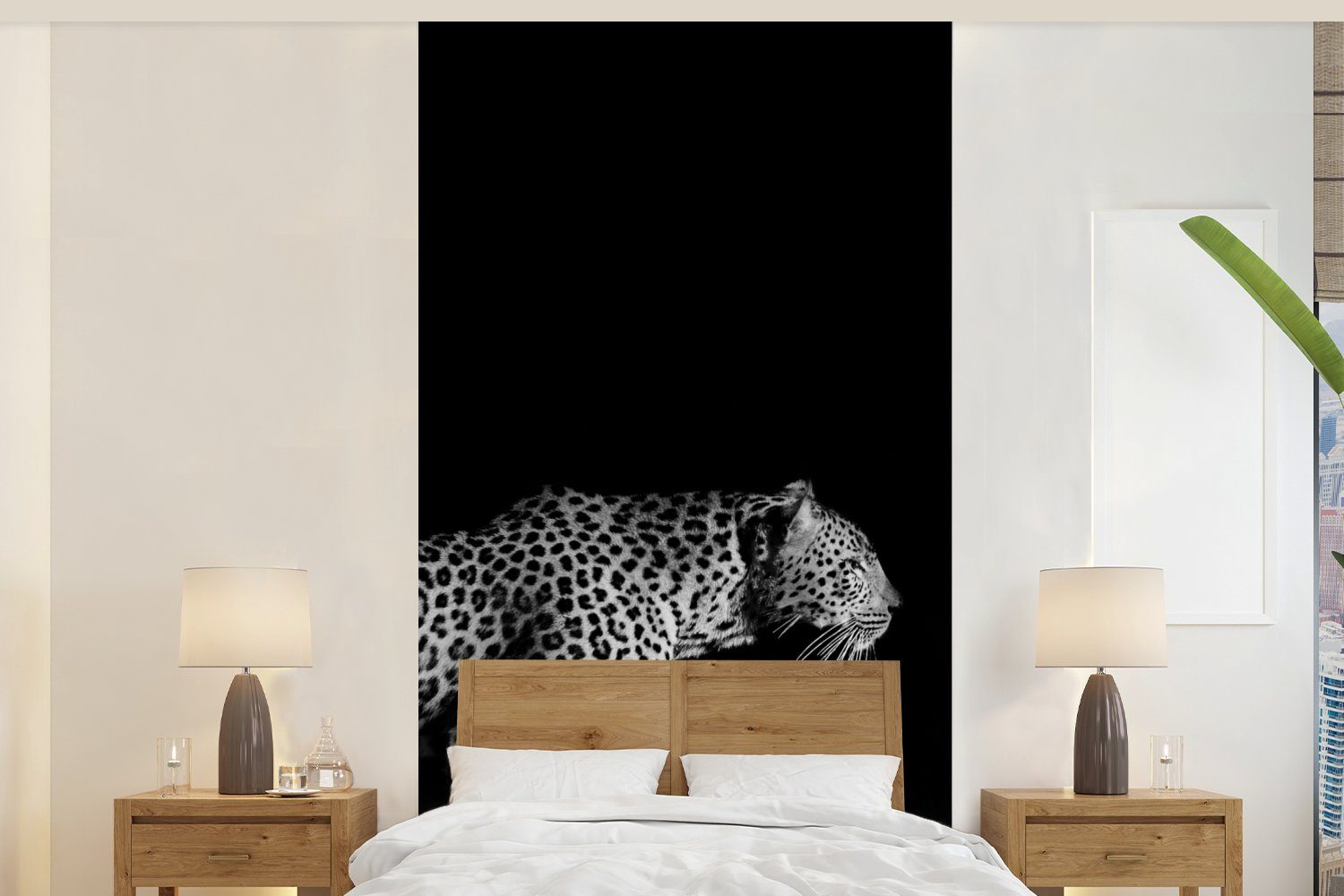 - Leopard Wohnzimmer Fototapete Schlafzimmer für Schwarz Gras Weiß, - bedruckt, MuchoWow Küche, - Wildtiere Fototapete St), Matt, - (2 Vliestapete
