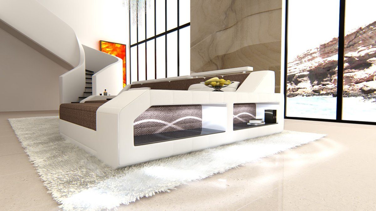 Sofa Dreams Ecksofa Stoffsofa als Arezzo wahlweise mit Couch Polster LED, Form mit Bettfunktion Schlafsofa, Polstersofa, Stoff Designersofa Braun-Schwarz H8 L