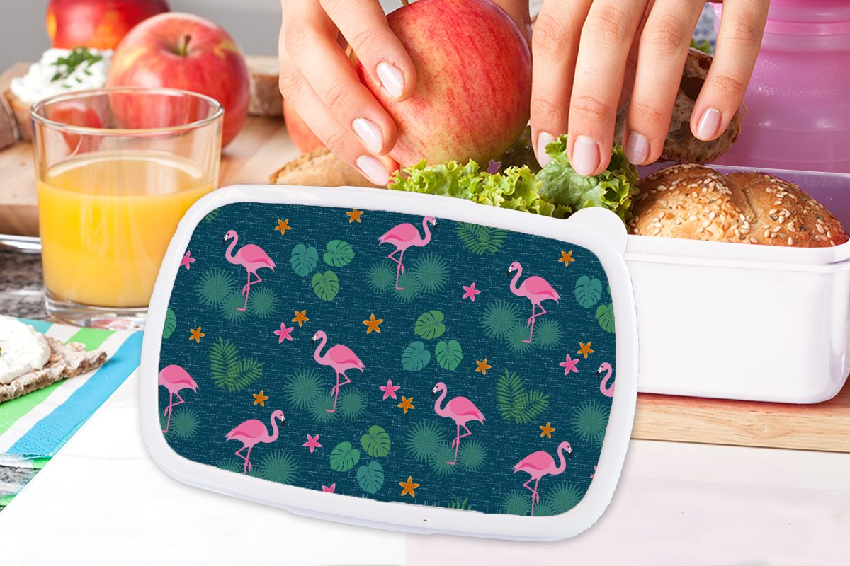 weiß Jungs Flamingo Lunchbox für Erwachsene, (2-tlg), Muster, MuchoWow - Mädchen und Pflanzen und Kunststoff, Kinder Brotdose, Brotbox - für