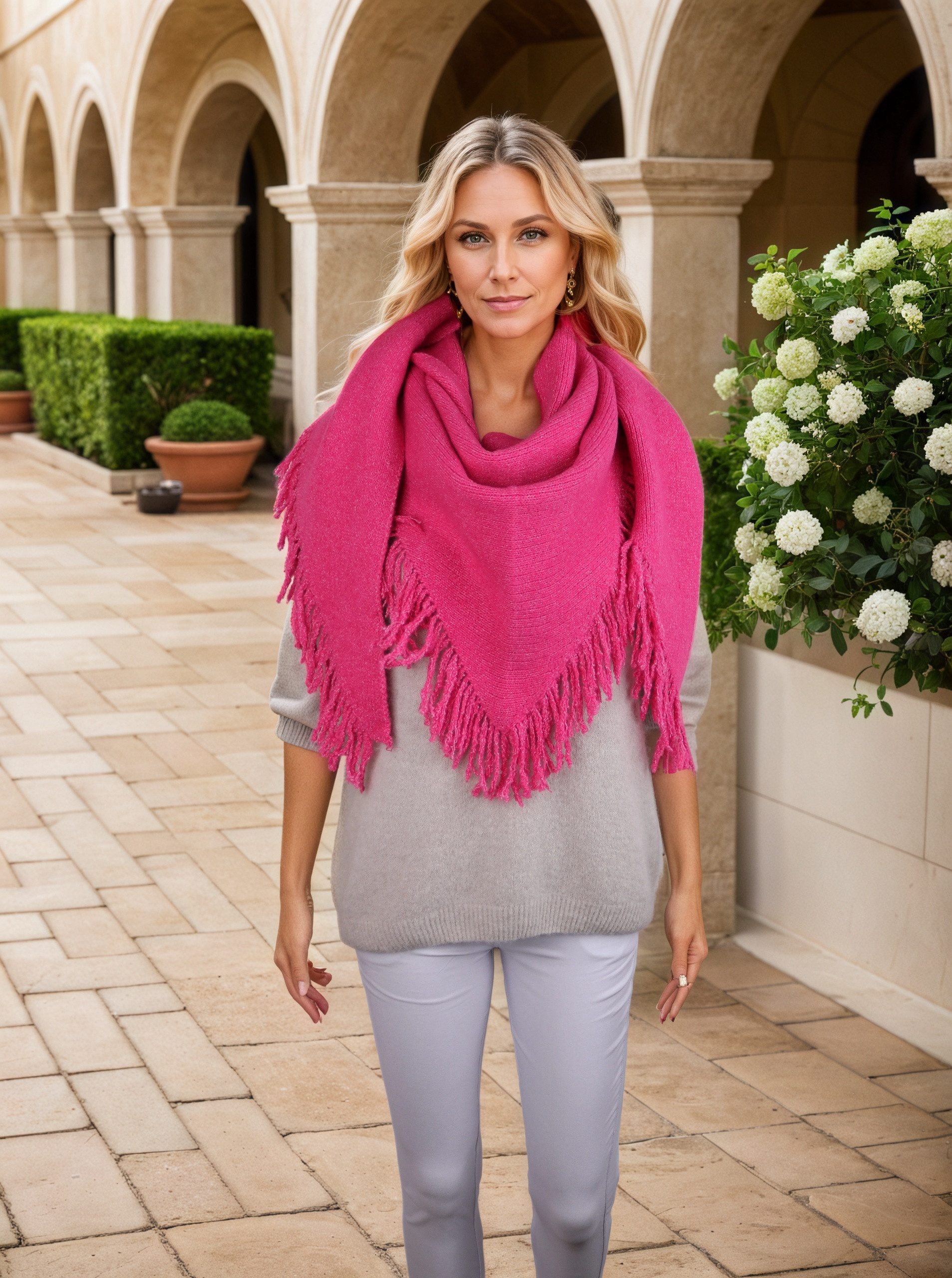 MIRROSI Strickponcho Damen Poncho Cape Dreieckstuch 2 in 1 mit Fransen