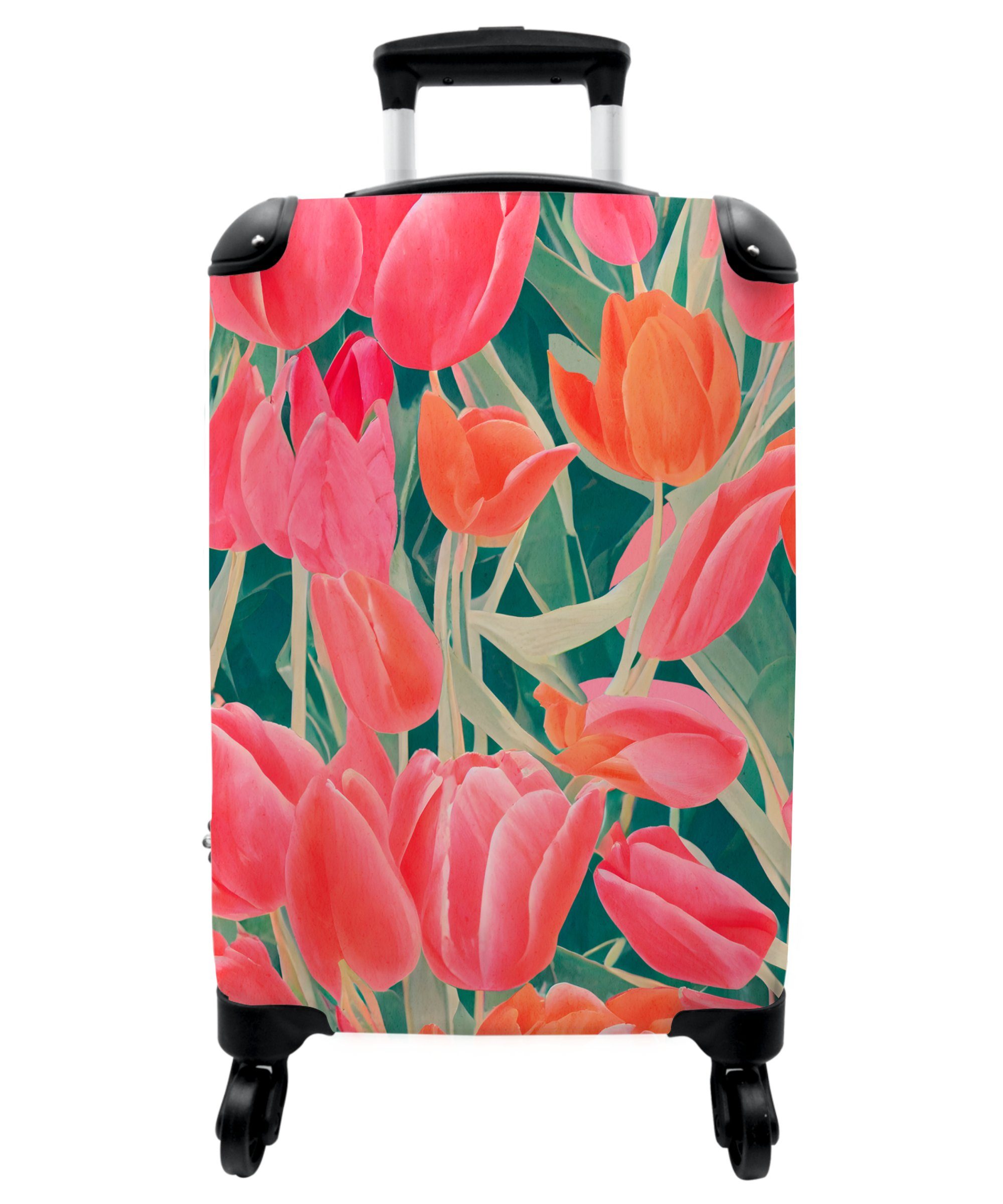 Kunst, 4 NoBoringSuitcases.com© Handgepäck - 4 Rosa - 55x35x20cm Cabin Tulpen Reisekoffer mit Rollen Rollkoffer Rollen, - Trolley - - Rot Kleine Blumen Handgepäckkoffer