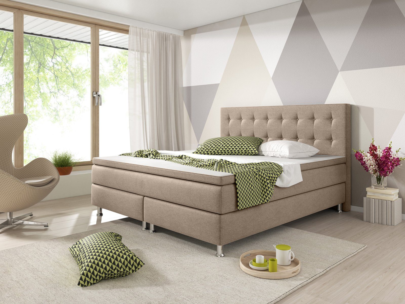 inter Boxspringbett Boxspringbett K-01 Webstoff (Komplettbett Set, Bett 180x200 cm inkl.Kopfteil mit 7-Zonenmatratzen und Topper), H3, SOFORT LIEFERBAR