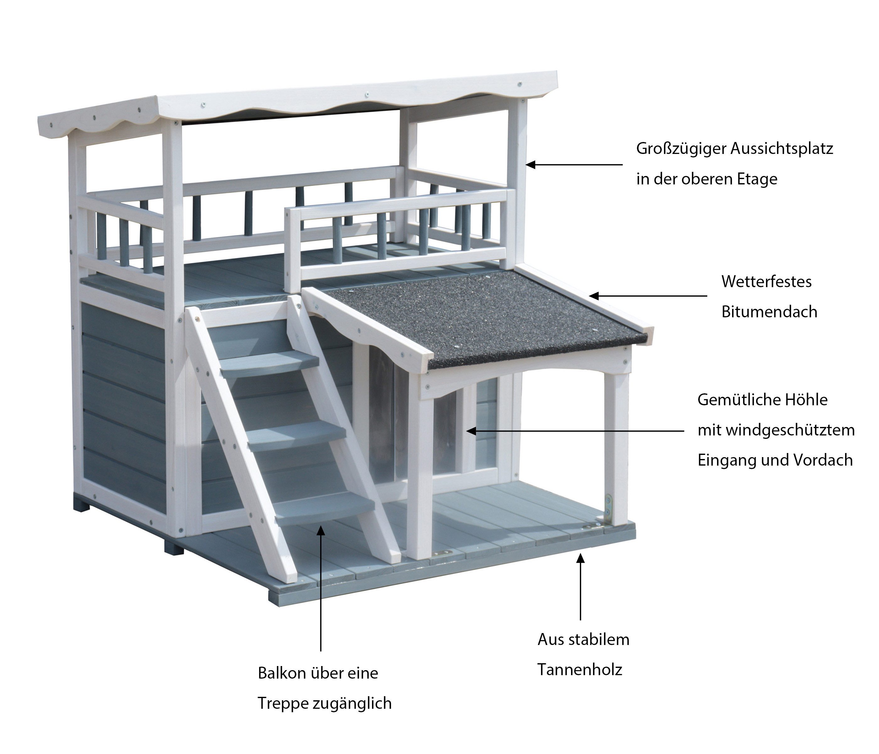 Dehner Tierbett Katzenhaus Maison Katzenhütte Outdoor, ca. 78 x 75 x 73 cm, grau/weiß, Hütte für Katzen aus robustem Tannenholz