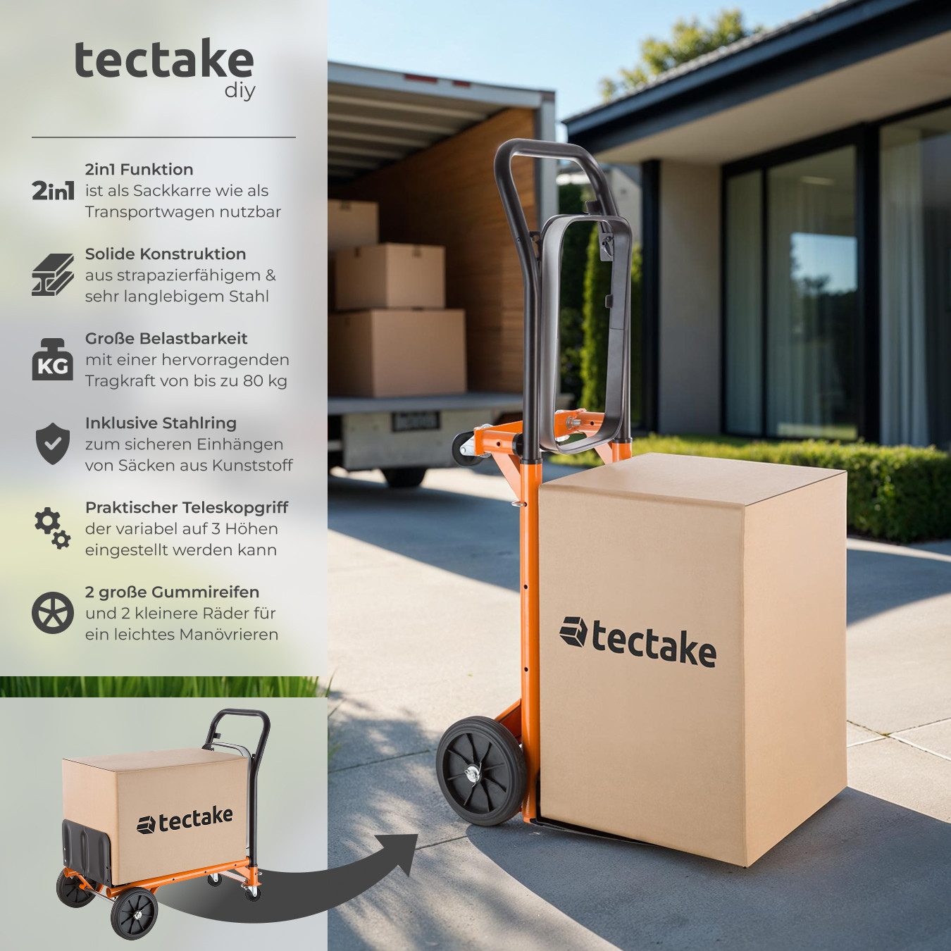 tectake Universal Sack Truck, load capacity up to 80 kg, handle height adjustable in three stages (78.5 cm to 100 cm)