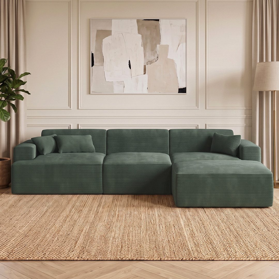 skølm Sofa Freki aus Cord, Vollschaumcouch mit Federkern und Vakuum-Kompression, Dunkelgrün, Couch 3 Sitzer mit Hocker und 3 Kissen, kein Aufbau erforderlich, 319 cm breit, gepolstert, vakuumiert