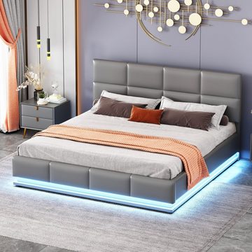 OKWISH Bett Polsterbett, Doppelbett Erwachsenen Jugendbett (Bettkasten & Lattenrost Bezug aus Kunstleder, mit LED Beleuchtung & Hydraulisch anhebbarer Bettstauraum 160x200 cm), Matratze nicht enthalten