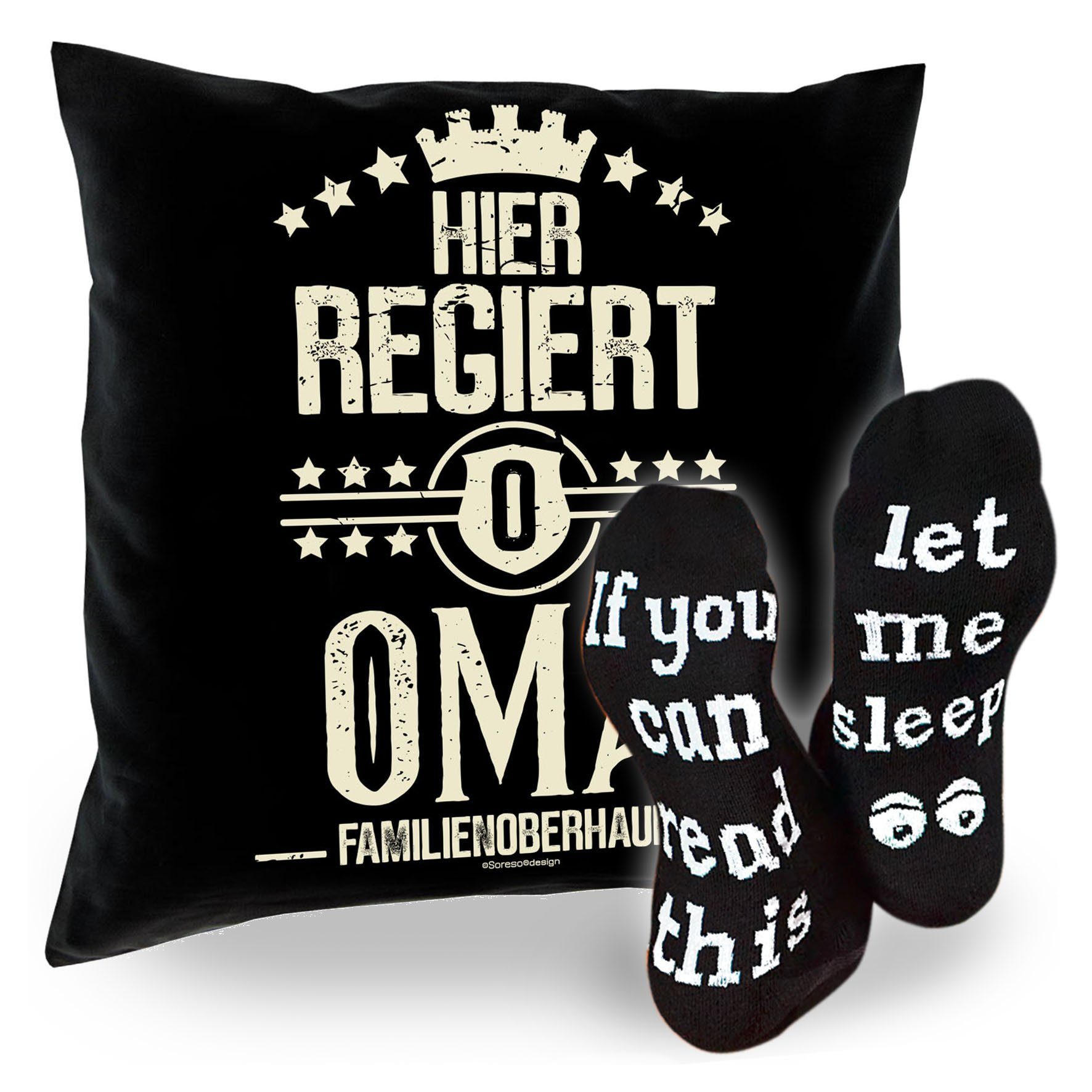 Soreso® Dekokissen Kissen Hier regiert Oma & Sprüche Socken Sleep, Geschenke für Großmutter Geschenkidee schwarz