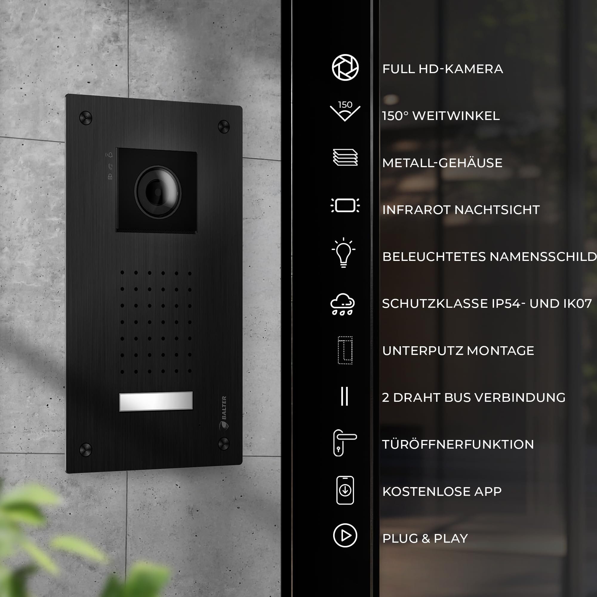 Balter Video-Türsprechanlage ENTRI-L-SET-BLACK-2M (Komplettset, 2-tlg., Touch Smartphone App HD Video)
